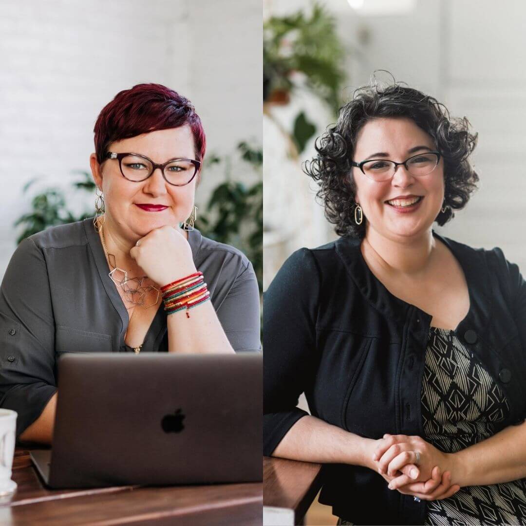 Cathy Hannabach wearing a grey shirt and resting her chin on her hand and smiling, Sarah Grey wearing a black sweater and smiling