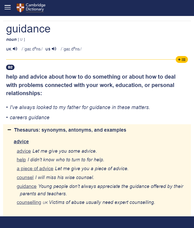 Cambridge Dictionary Definition of Guidance