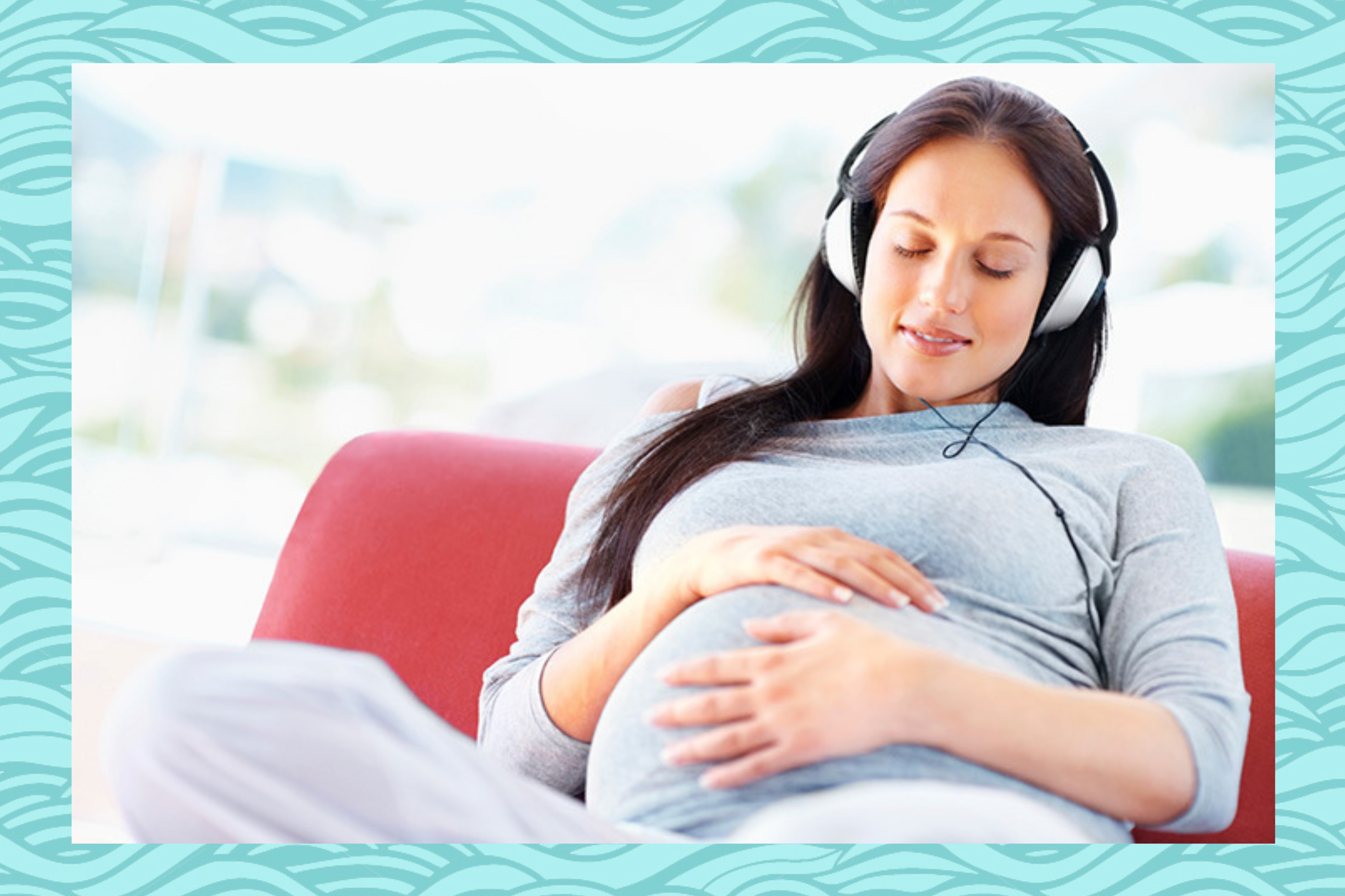 Pregnant woman listening to yoga relaxation