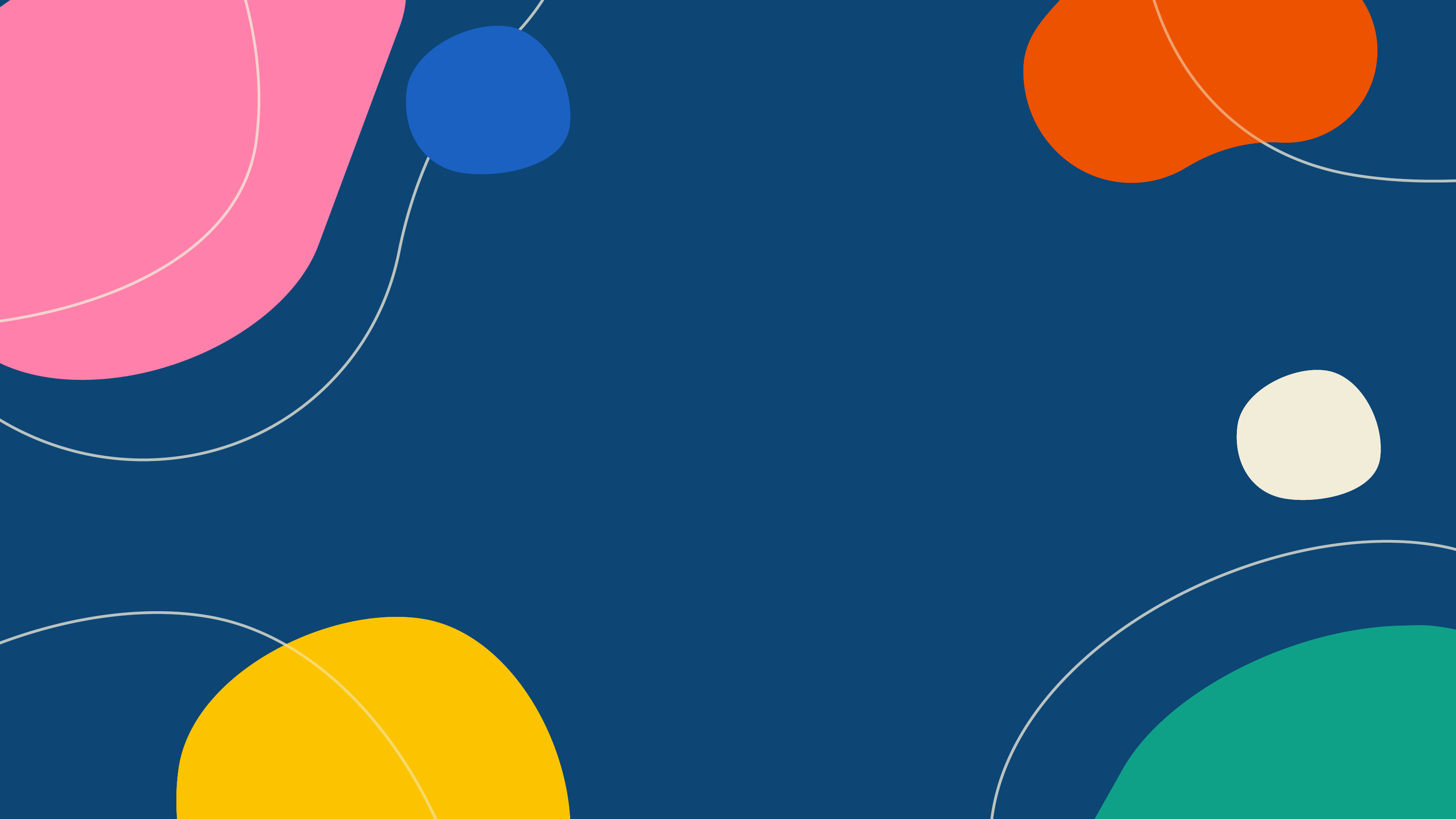 pink, blue, red, yellow, and teal blobs and white lines on a dark blue background