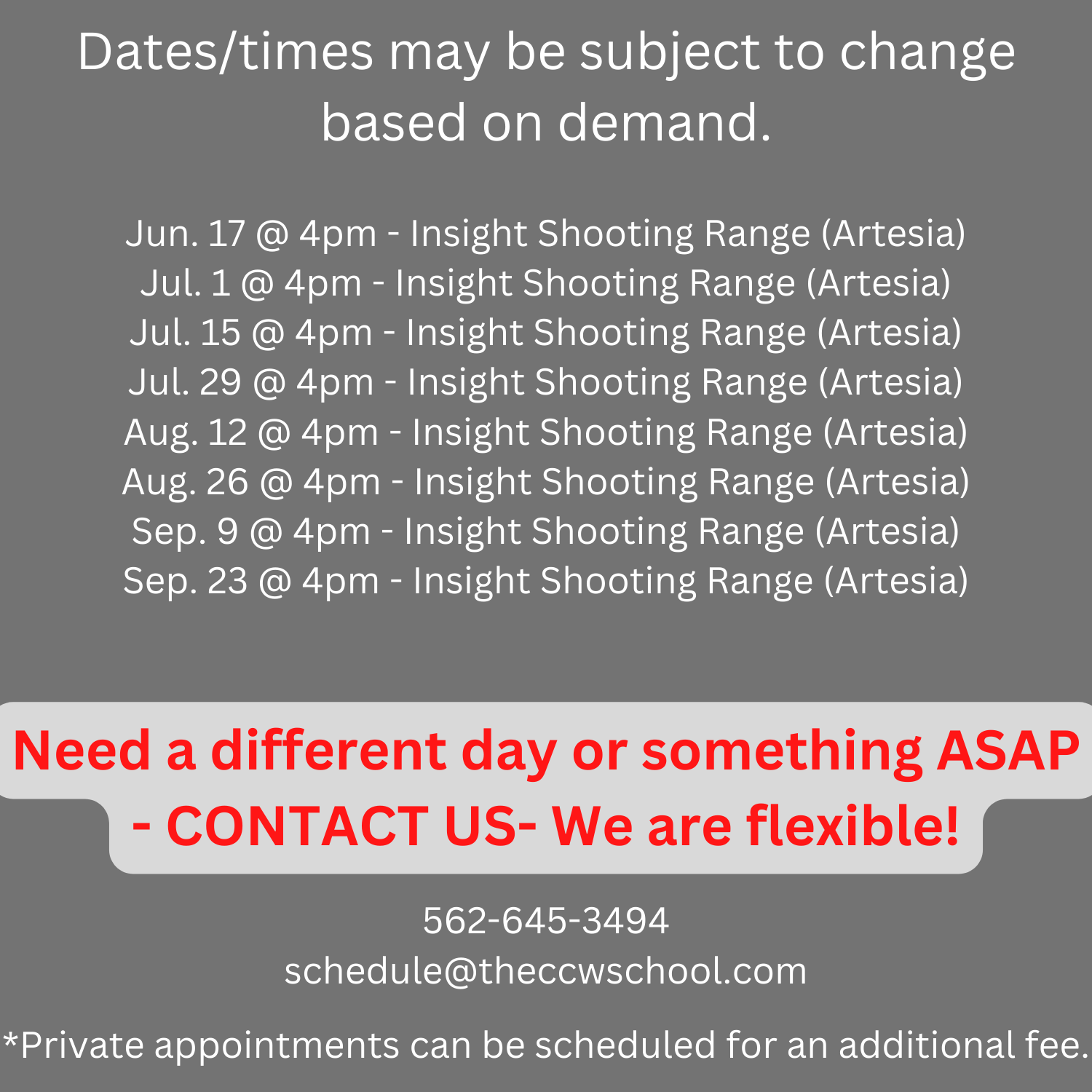 Dates for CCW Training Courses - Live-Fire Training and Qualification, CCW ASAP, CCW Fast, CCW Last Minute, CCW Deadline