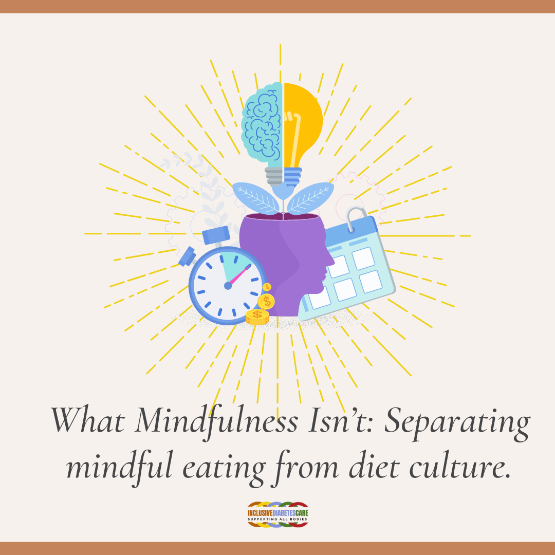 Image of a clock, a head with the brain becoming a light bulb and a calendar with the text What Mindfulness isnt: Separating mindful eating from diet culture.