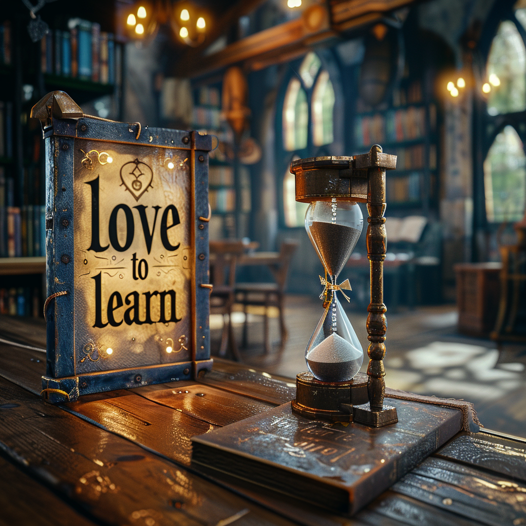 Love to learn sign with medieval hourglass