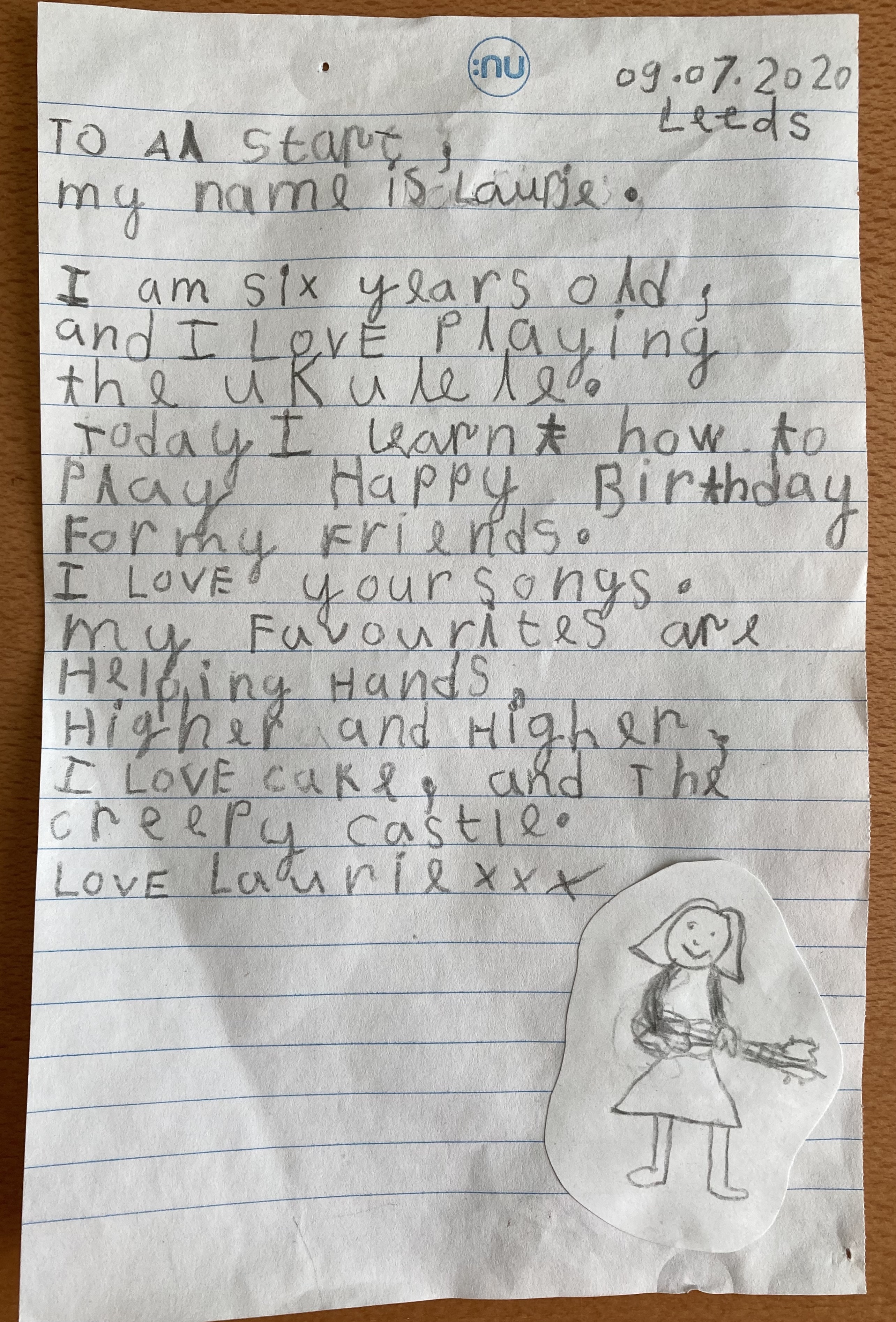 thank you letter from child who loves Go Kid Music ukulele lessons