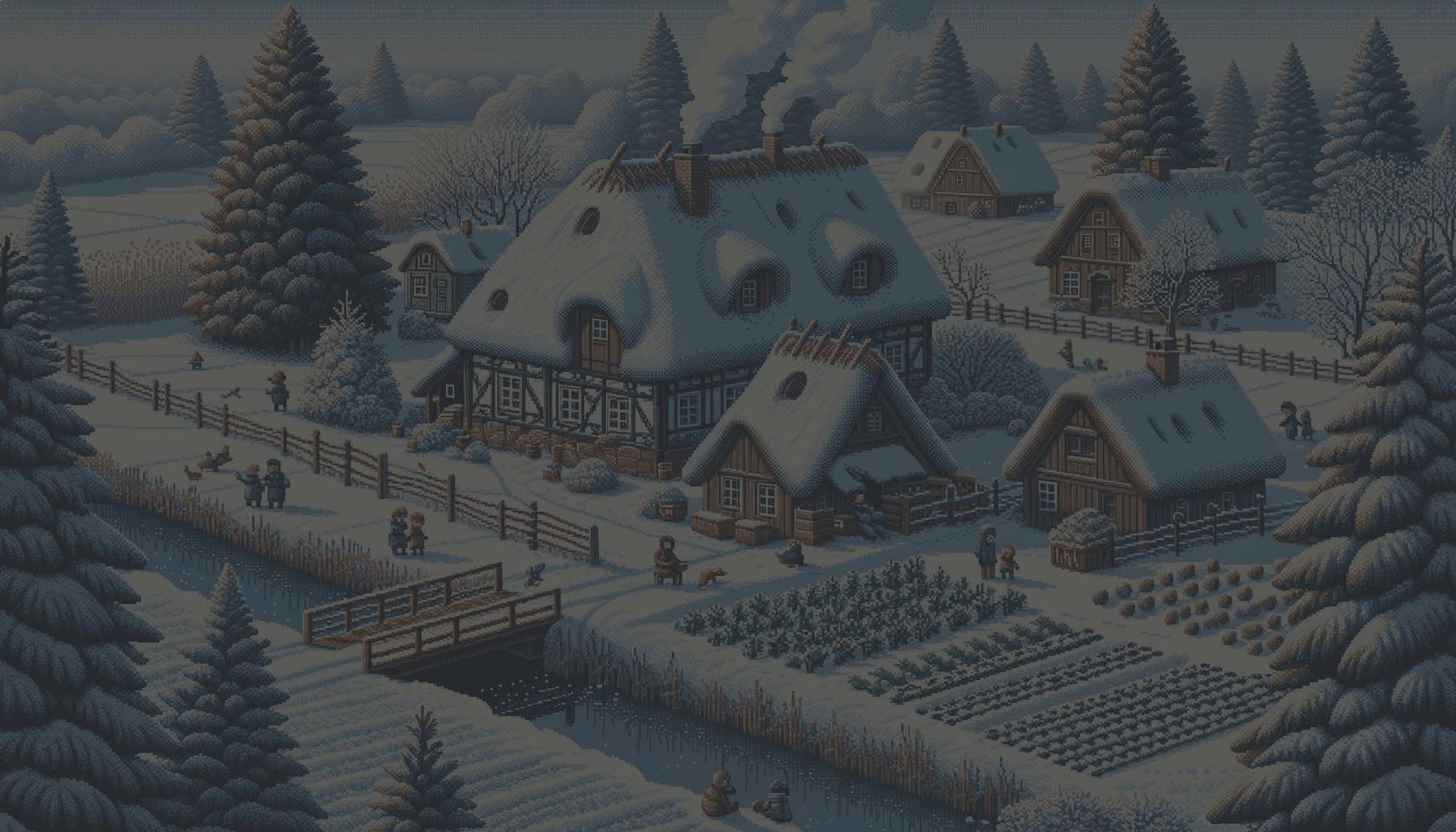 Un villlage sous la neige en pixel art