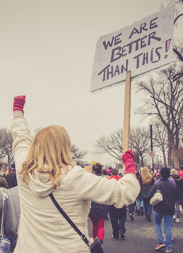 back of woman at rally holding sign that says we are better than this!