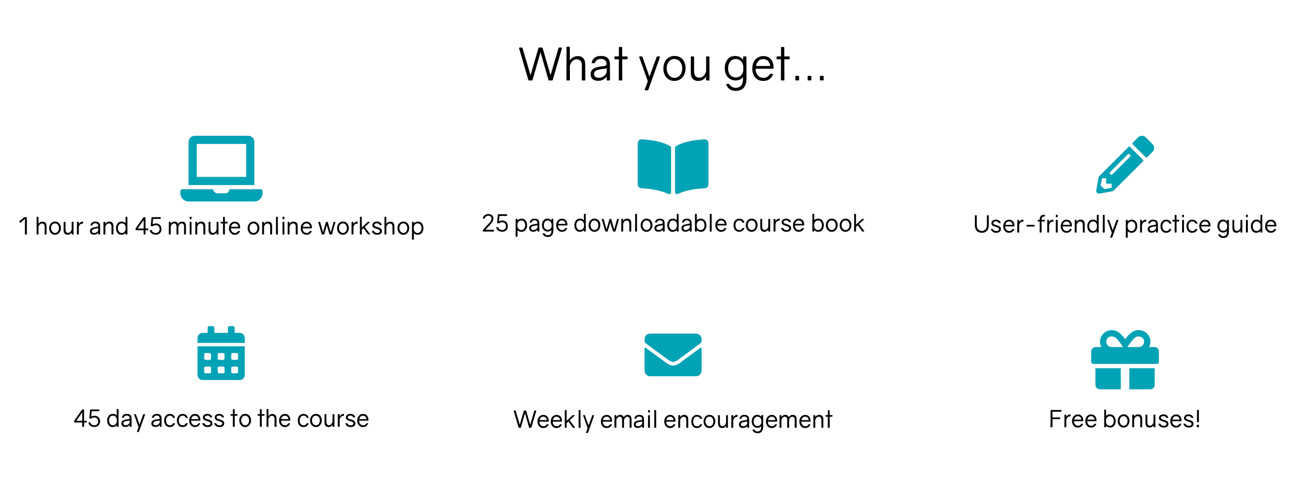 What you get in the course: 1 hour and 45 minute online workshop, 25 page downloadable course book, user-friendly practice guide, 45 day access to the course, weekly email encouragement, free bonuses