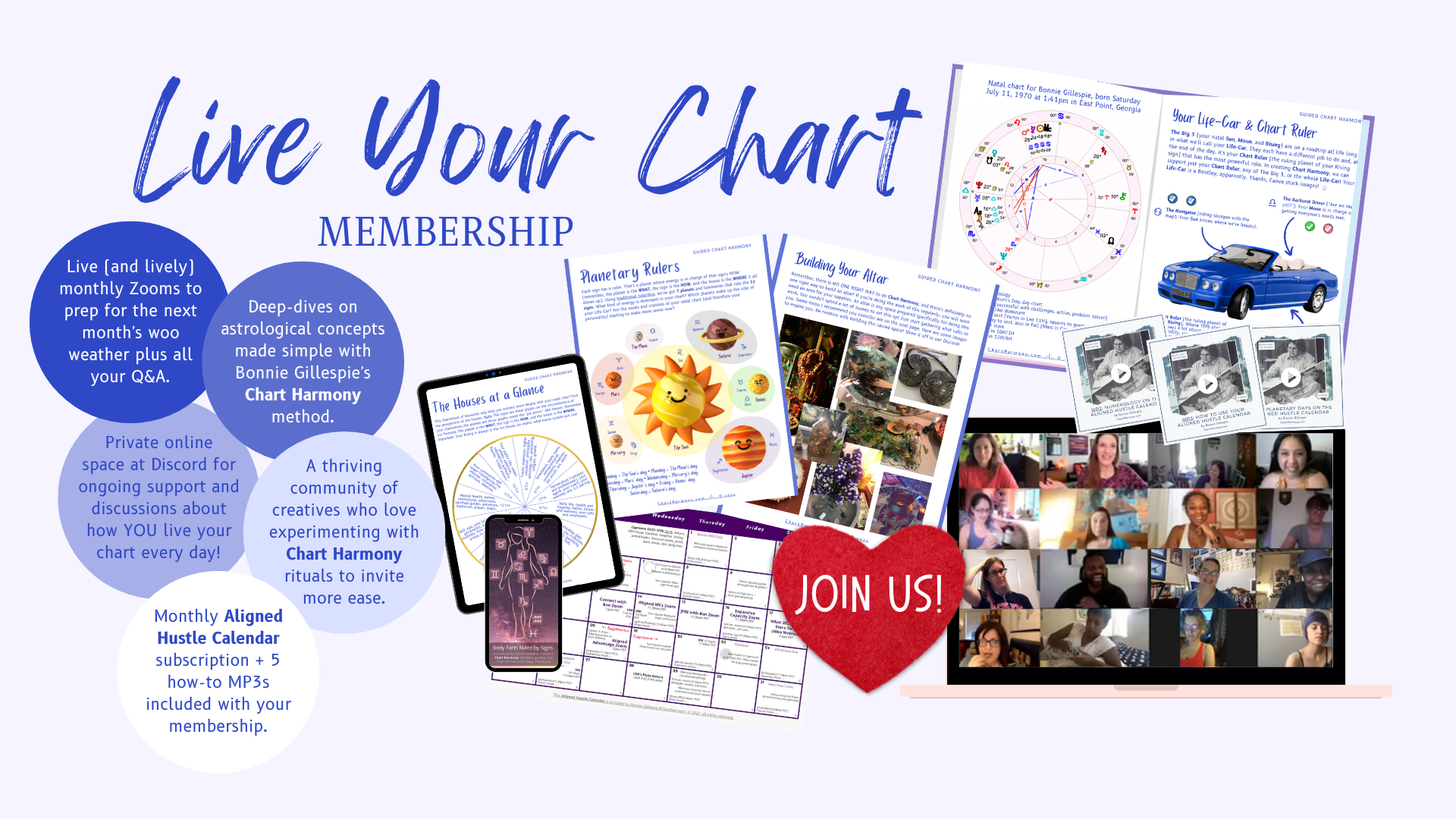 laptop with screen showing a Zoom meeting with happy people, calendar page, tablet with house system info, phone with body parts ruled by signs graphic, workbook pages with various Chart Harmony tools, plus text about our Live Your Chart membership