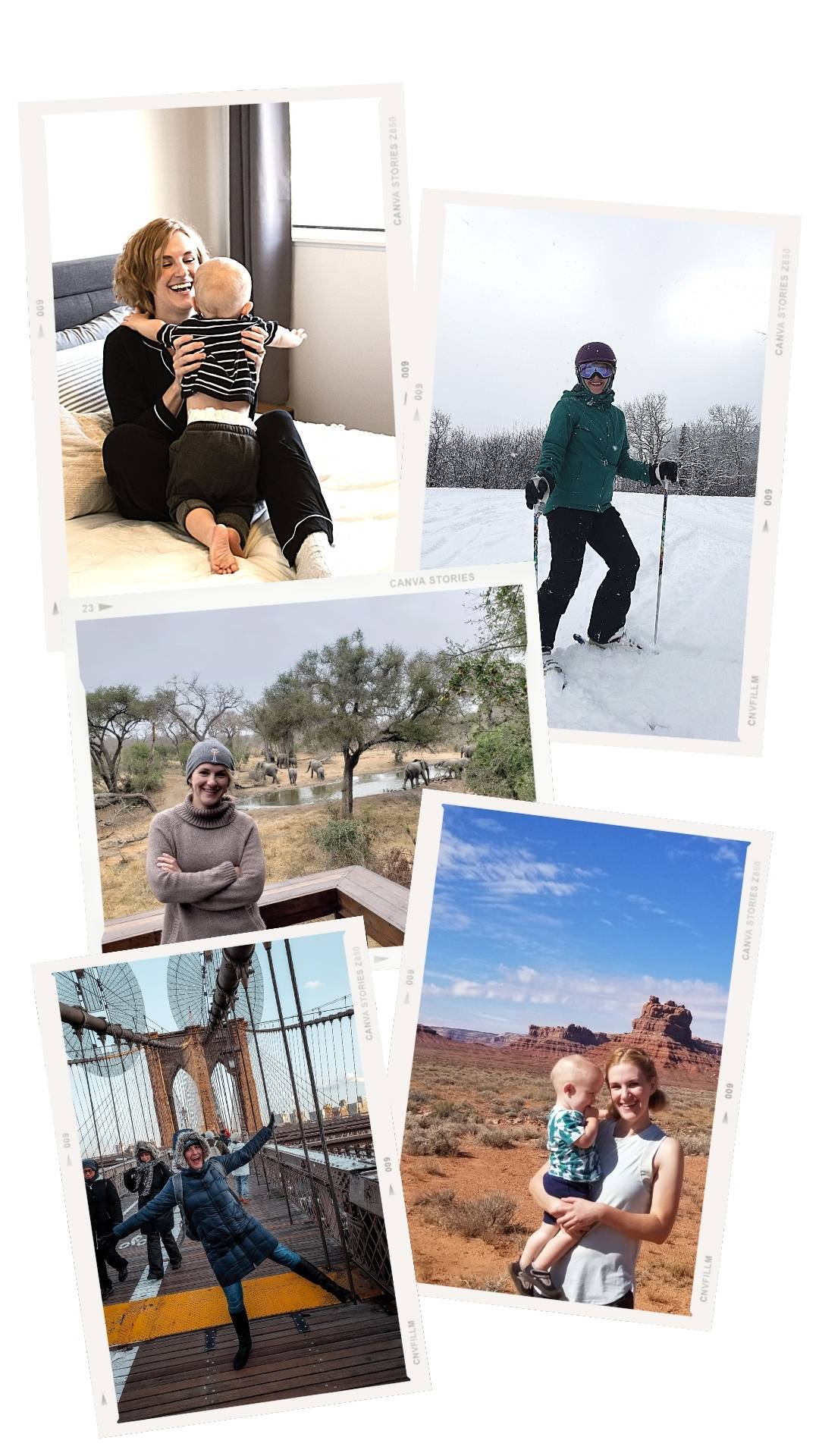 Erin doing all the fun things her business lets her--ski, spend time with her toddler, and travel
