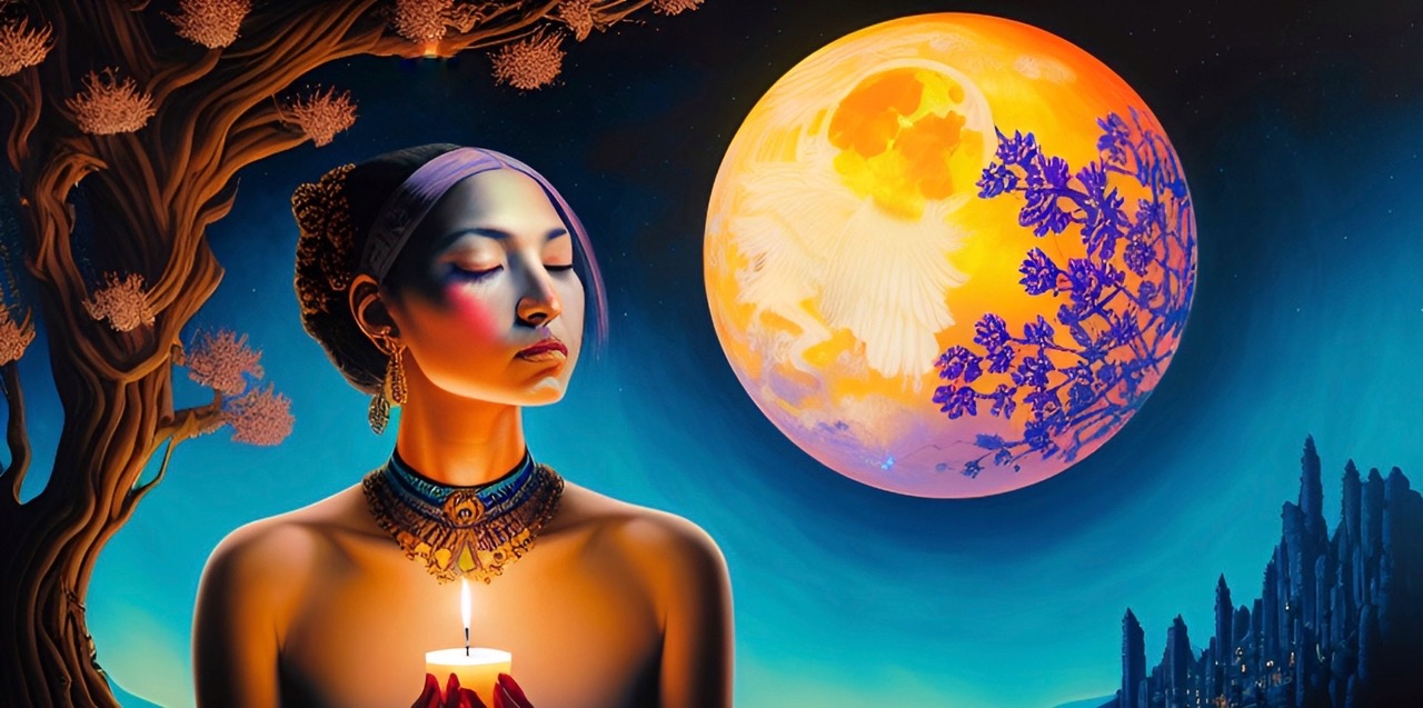 a woman holding candle under the tree with moon behind