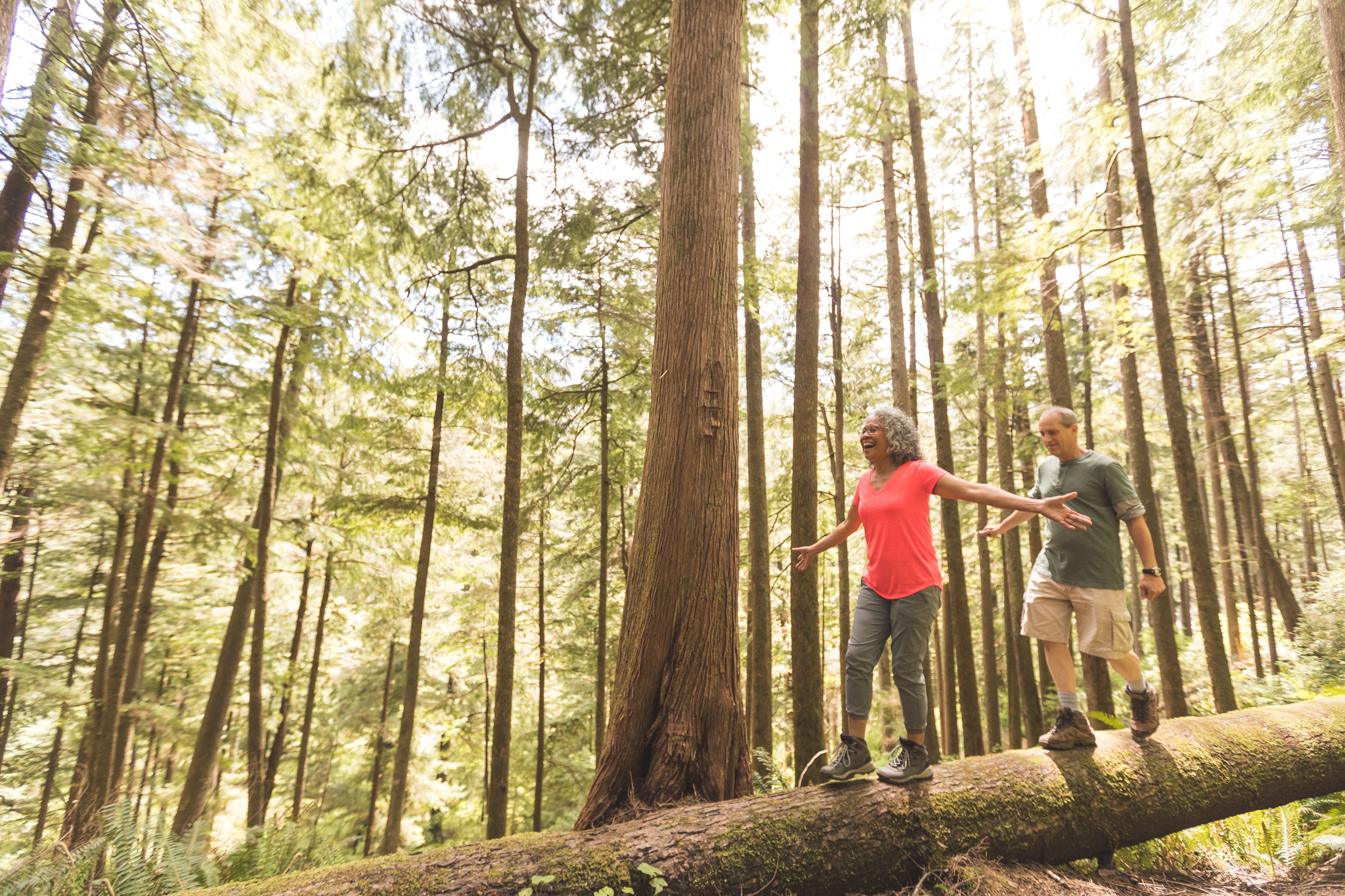 couple walk on log