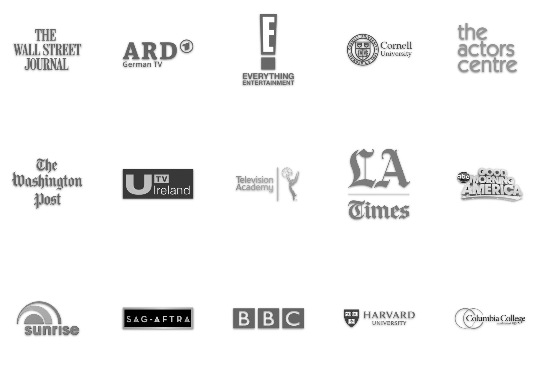 logos of various publications, programs, networks, professional organizations, and colleges where Bonnie Gillespie has been featured