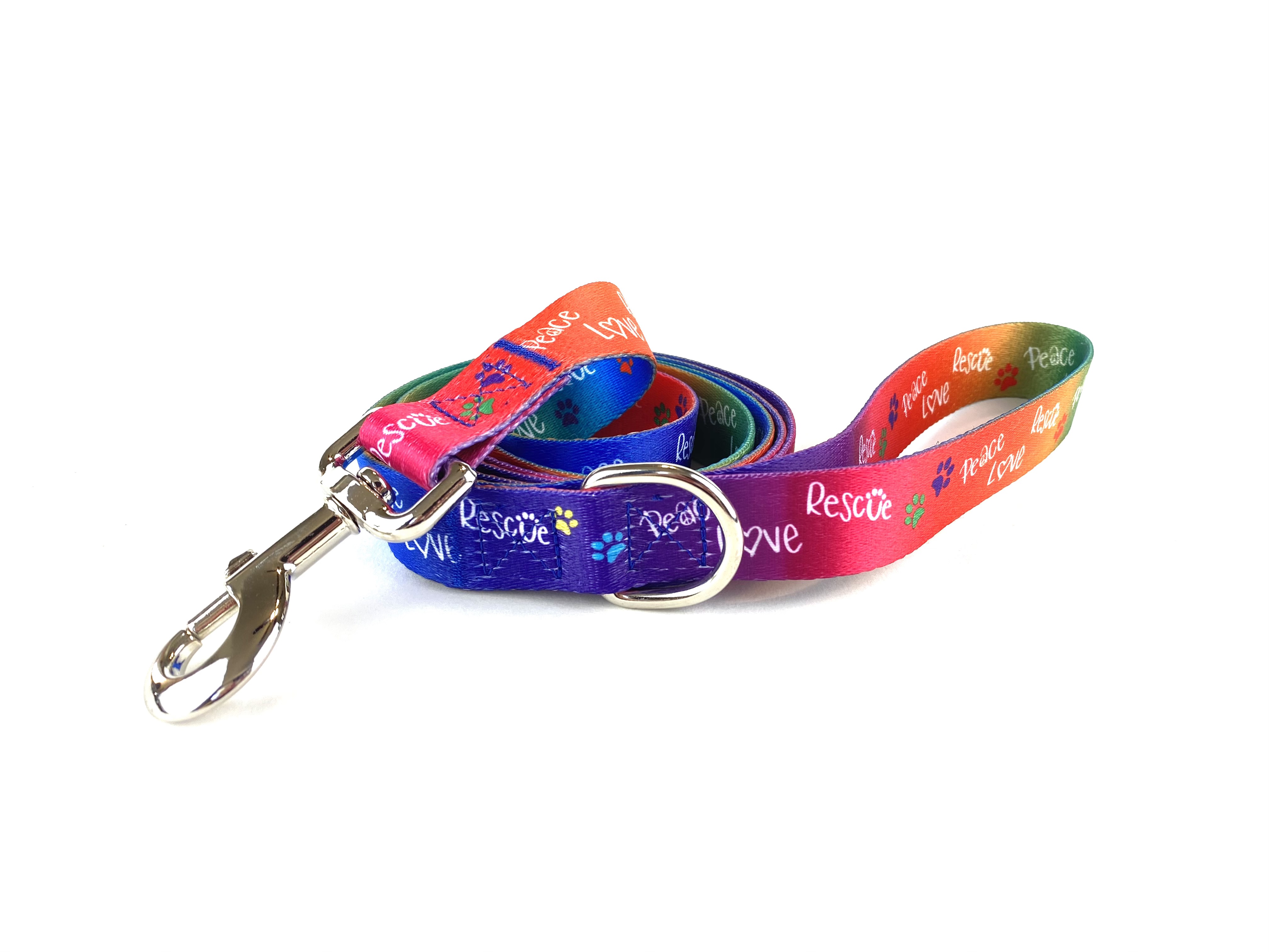 photo of a rainbow print rescue dog leash from FearLess Pet