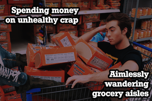 guy sitting in grocery cart filled with ramen with text overlay