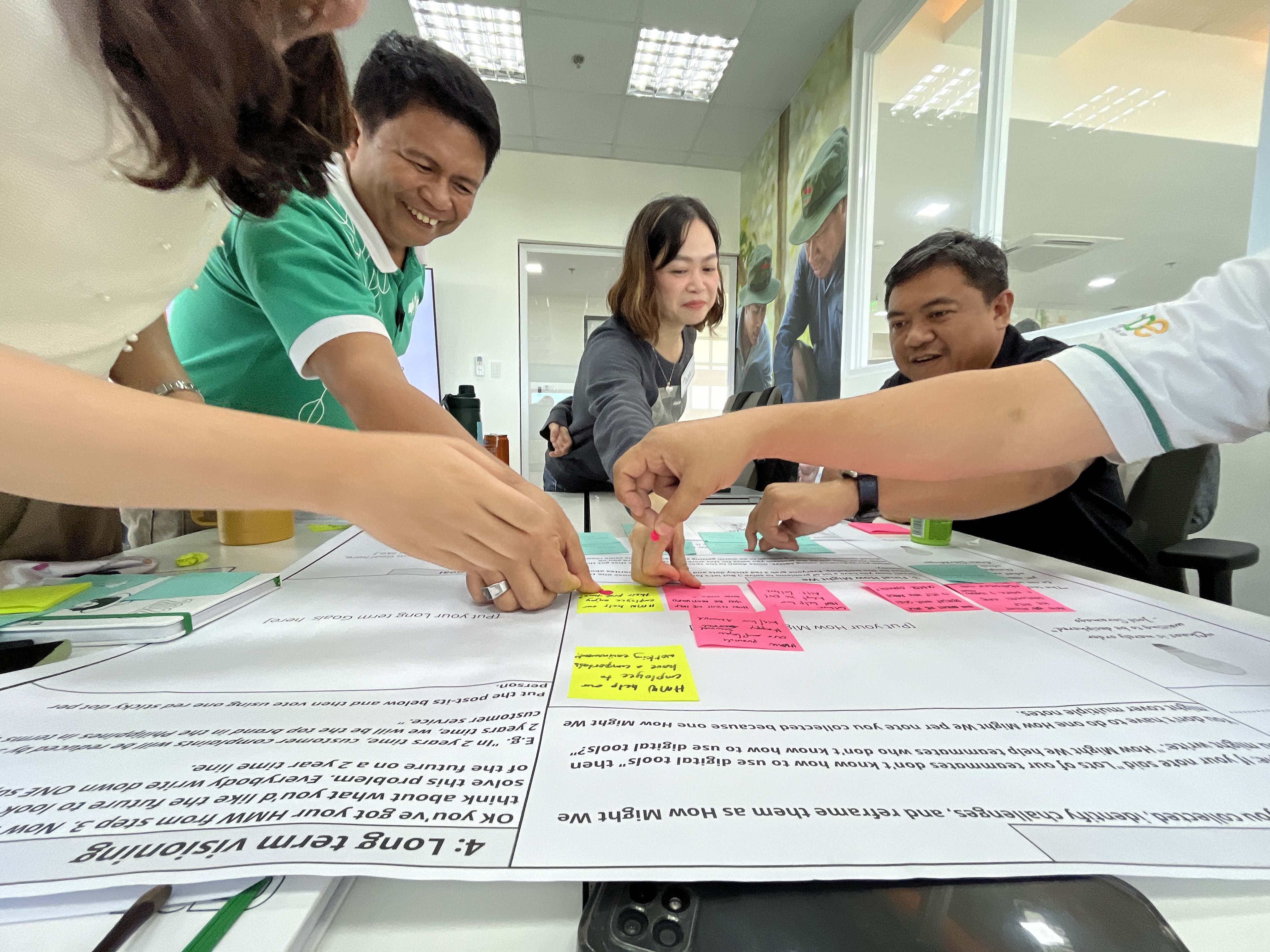 Attendees in a desigin thinking workshop use sticky dot voting to vote on a favorite How Might We question