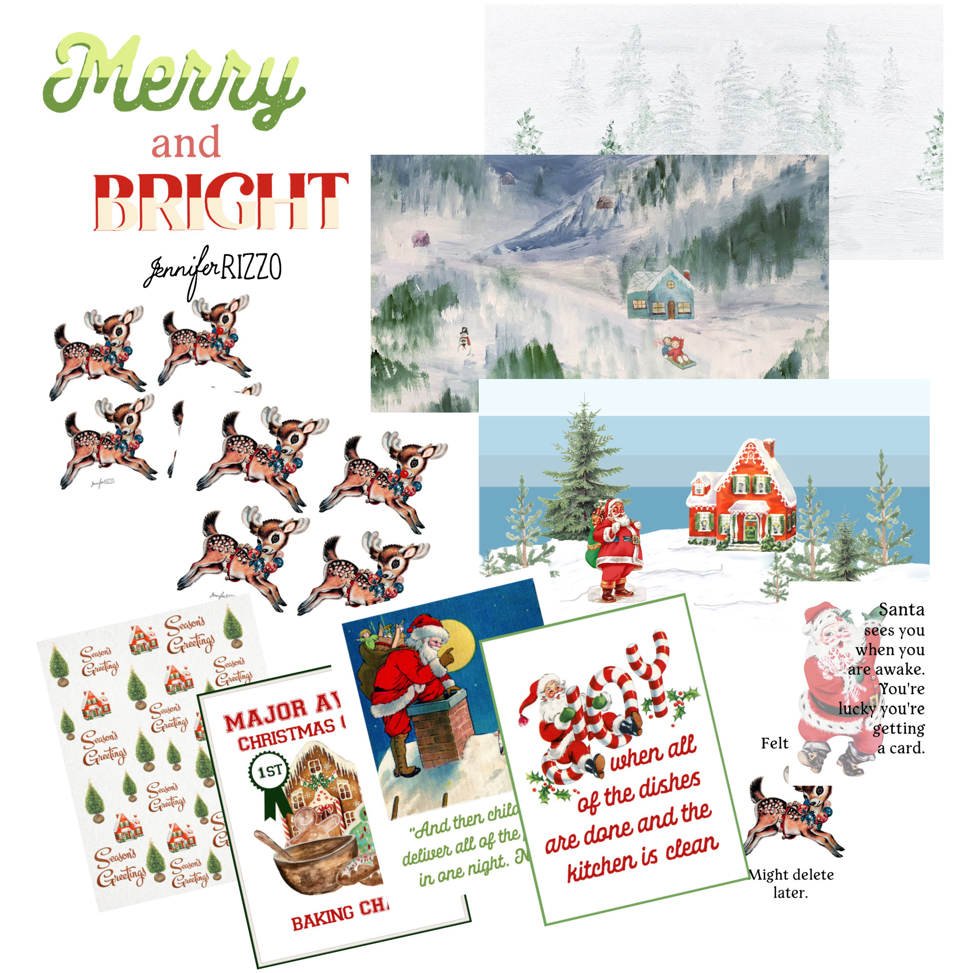 Merry and bright lettering with vintage images of Santa, winter scenes and reindeer