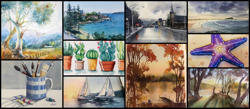 Collage of watercolour paintings by Jenny Gilchrist - Watercolour Classes online for beginner painters.