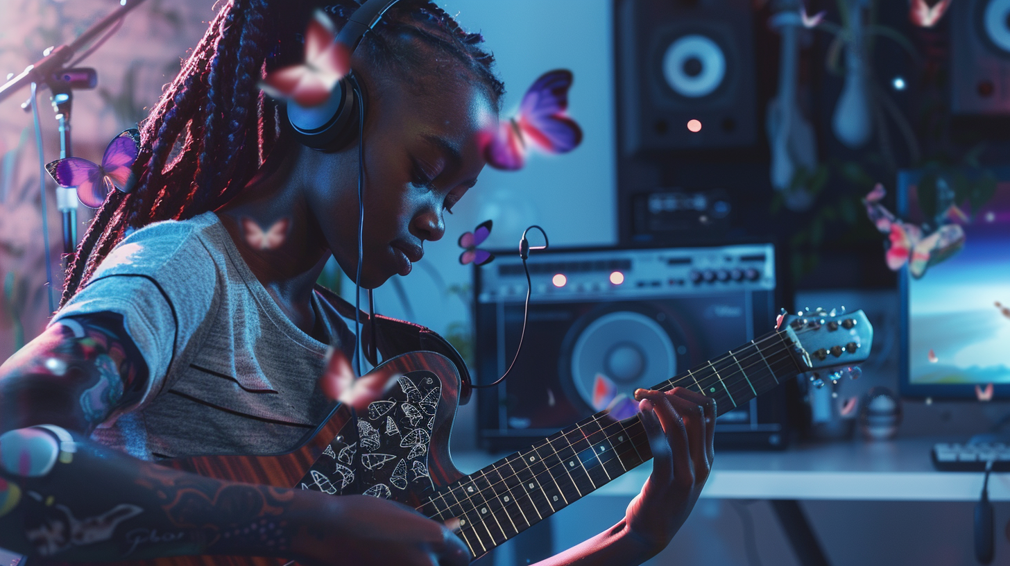 man playing music and butterflies floating