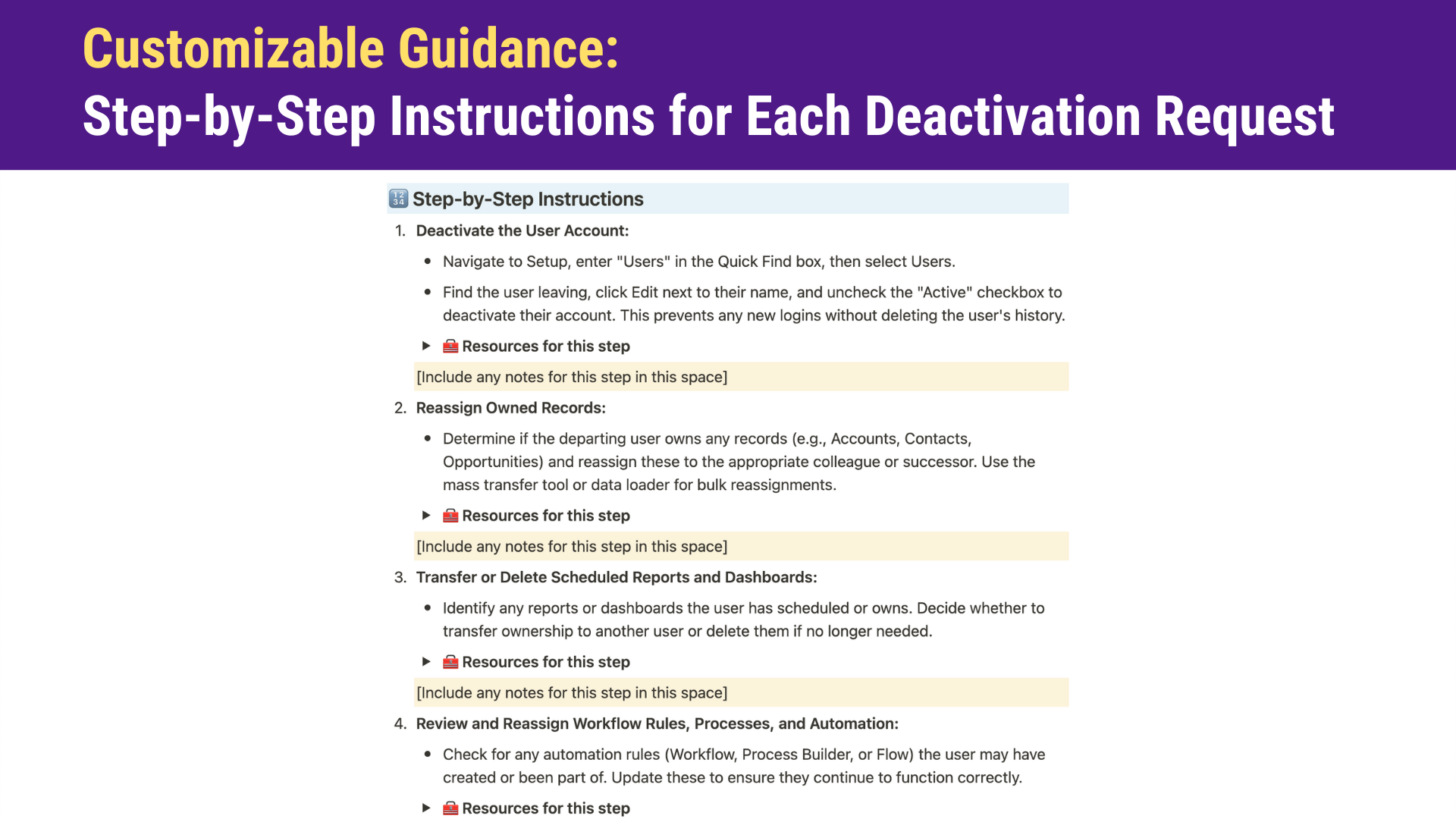 Notes and observations section of the Notion template, providing space for additional comments and special instructions related to the Salesforce user offboarding.