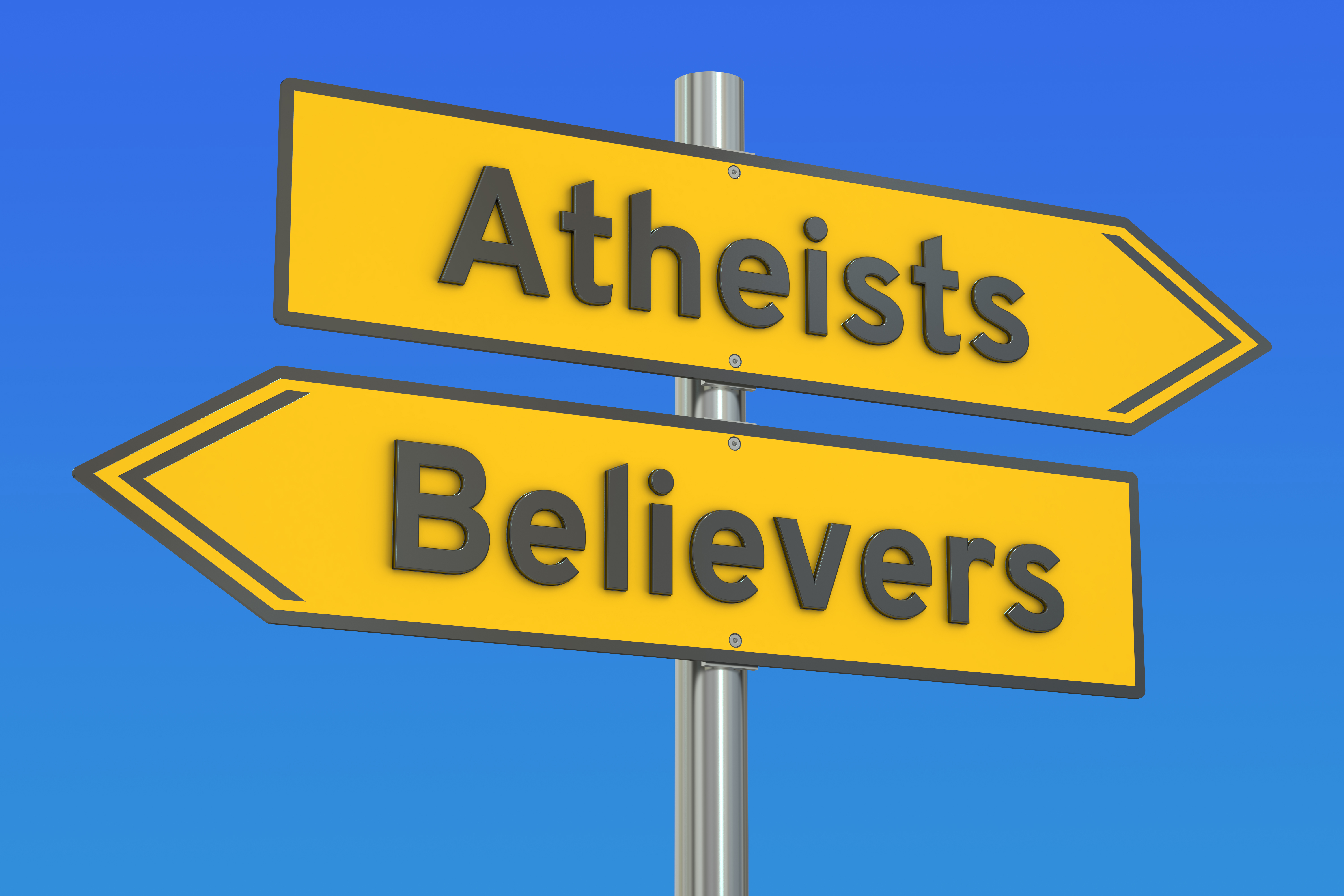 Atheists vs Believers - yellow sign with arrows going in opposite directions