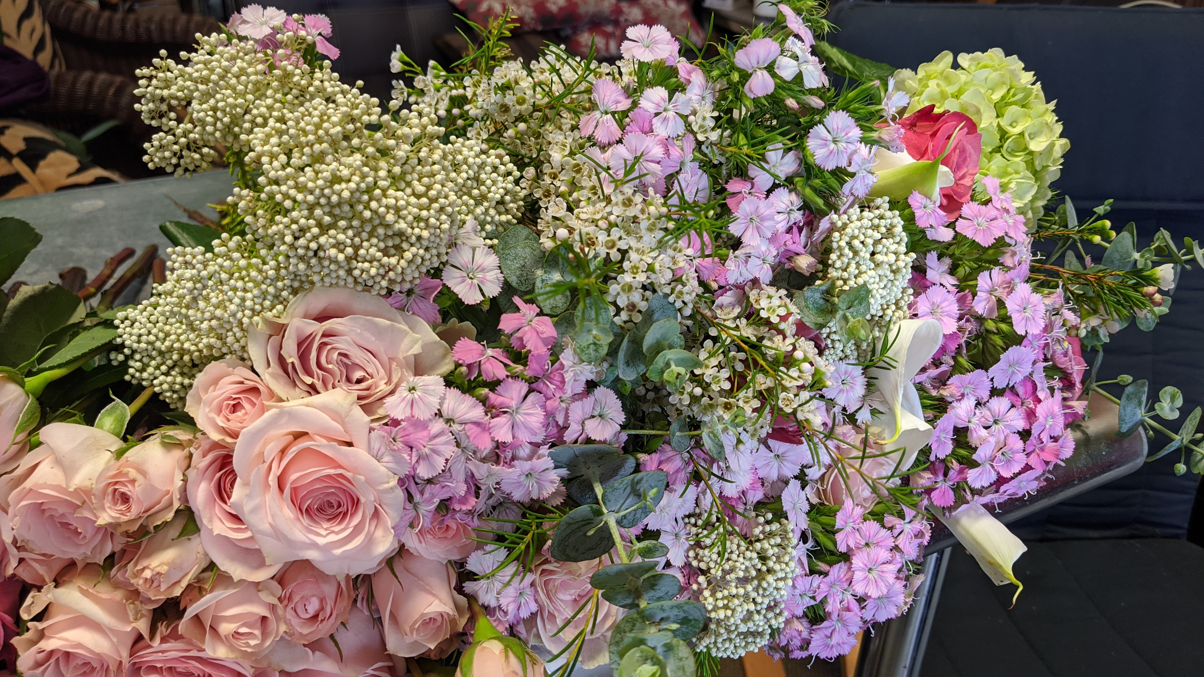 Roses, rice flower, sweet william and hydrangea