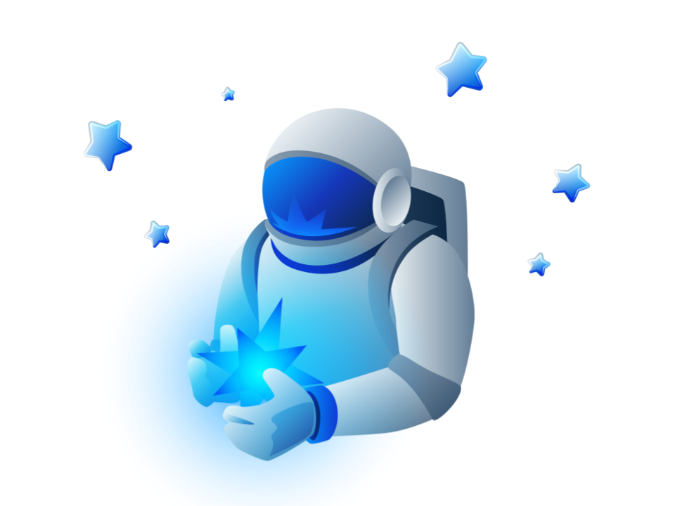 Illustration of an astronaut holding a glowing star surrounded by several smaller stars
