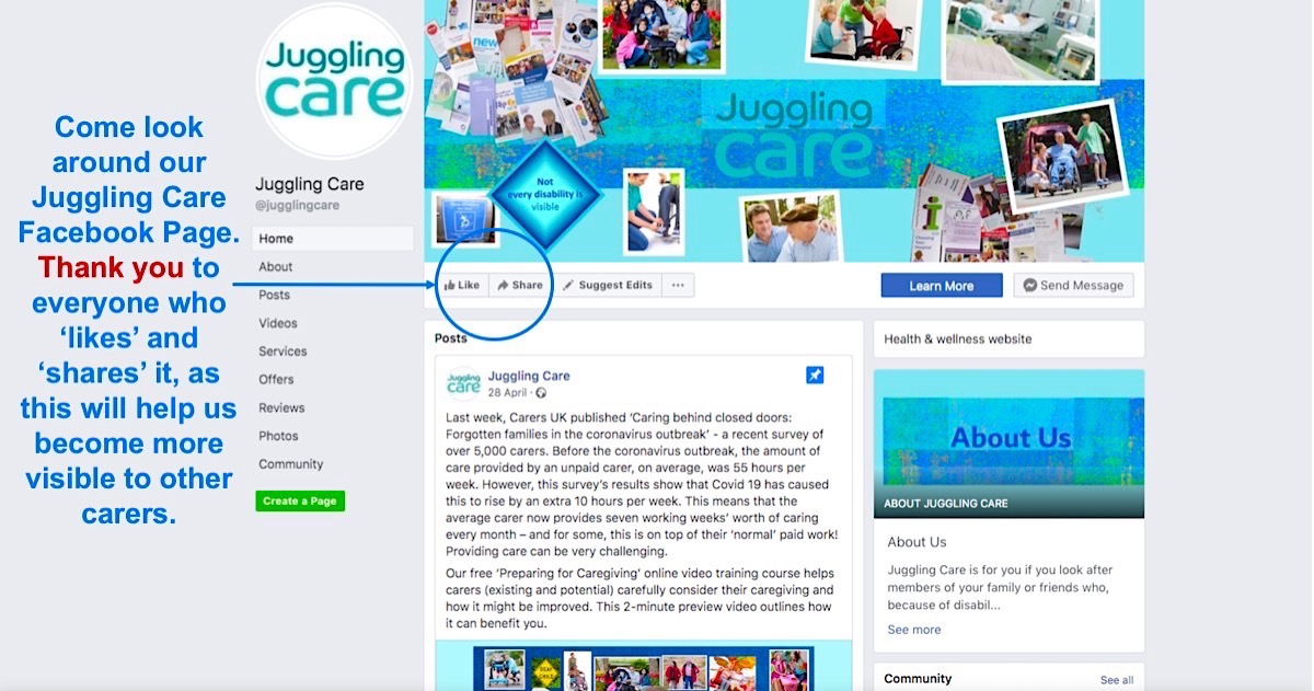 Juggling Care&#39;s Facebook Page