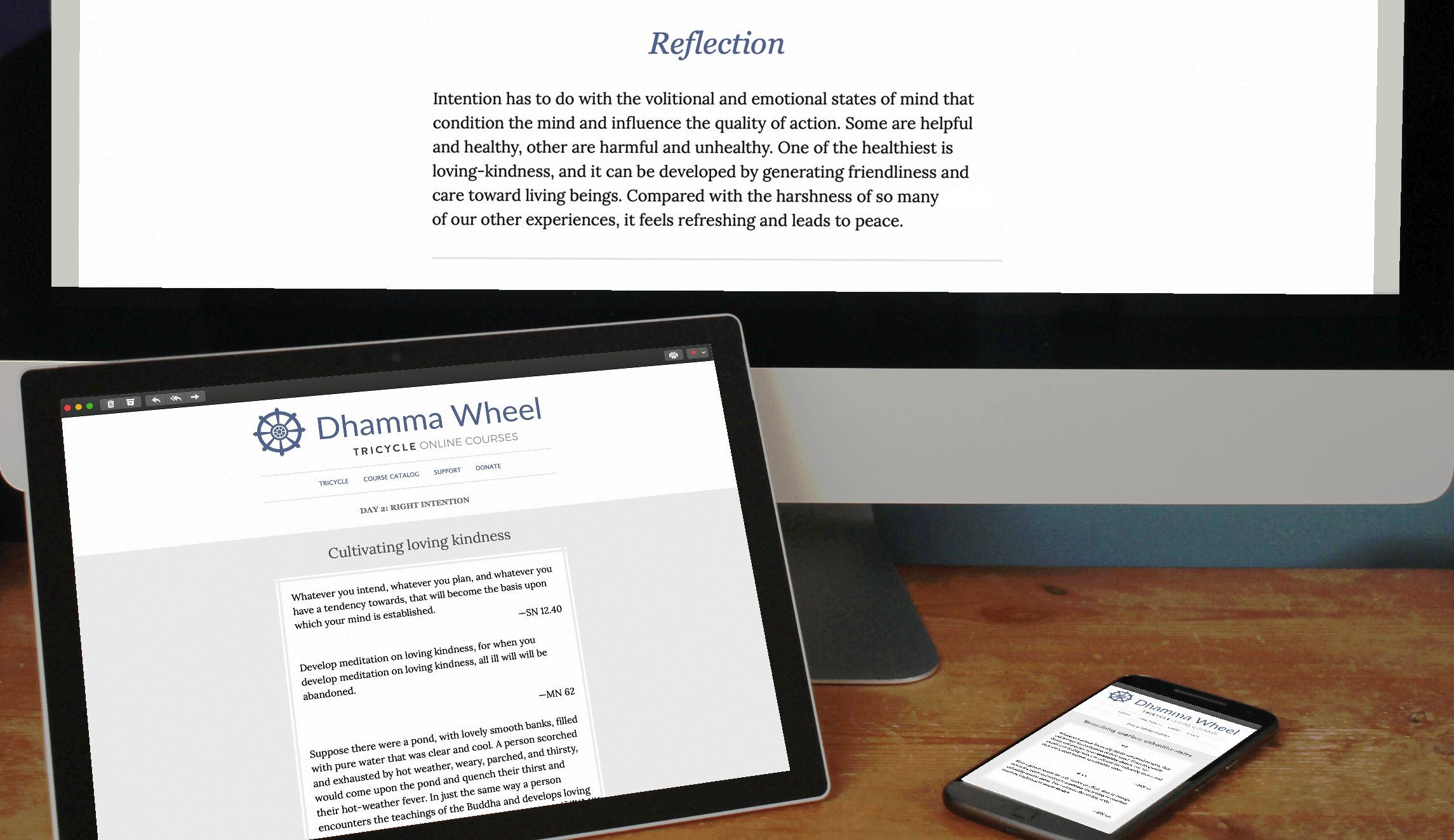 Dhamma Wheel email displayed on computer, tablet and mobile phone.