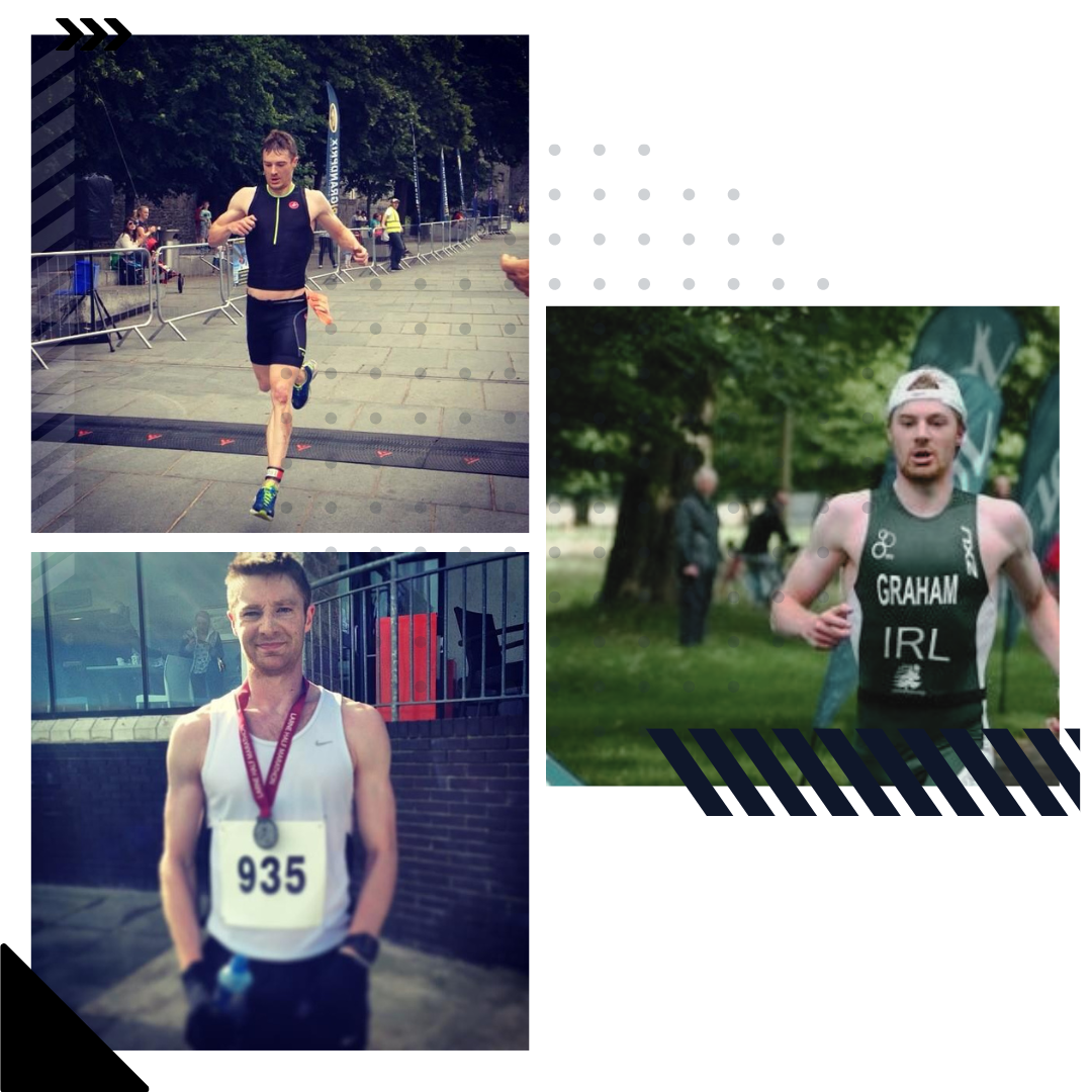 Photos of David Graham competing in triathlon and Ironman competitions.