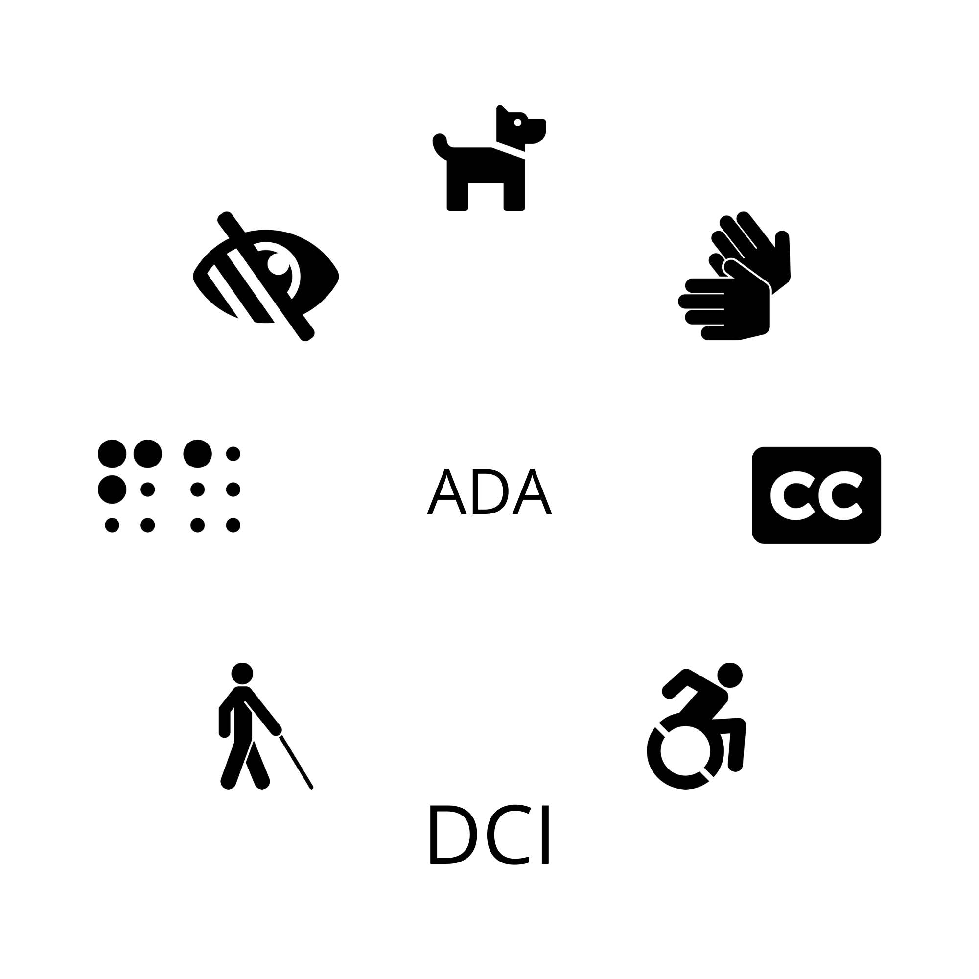 Icons related to disability circling the letters ADA