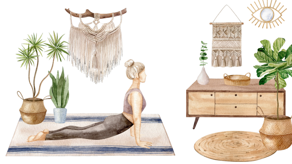 watercolor painting of a woman doing yoga with macrame decor and plants around in the background