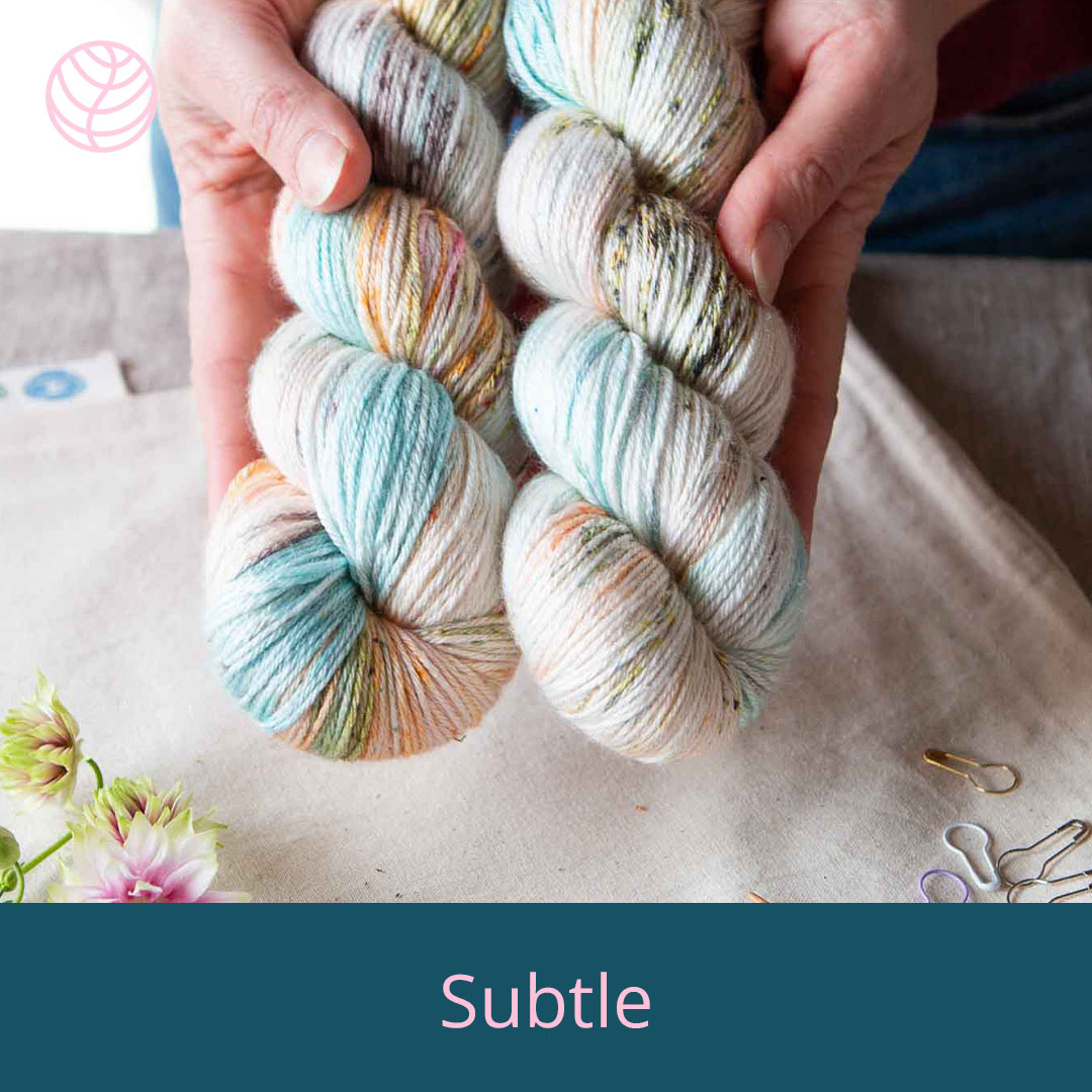Hands holding two skeins of hand-dyed subtle yarn.