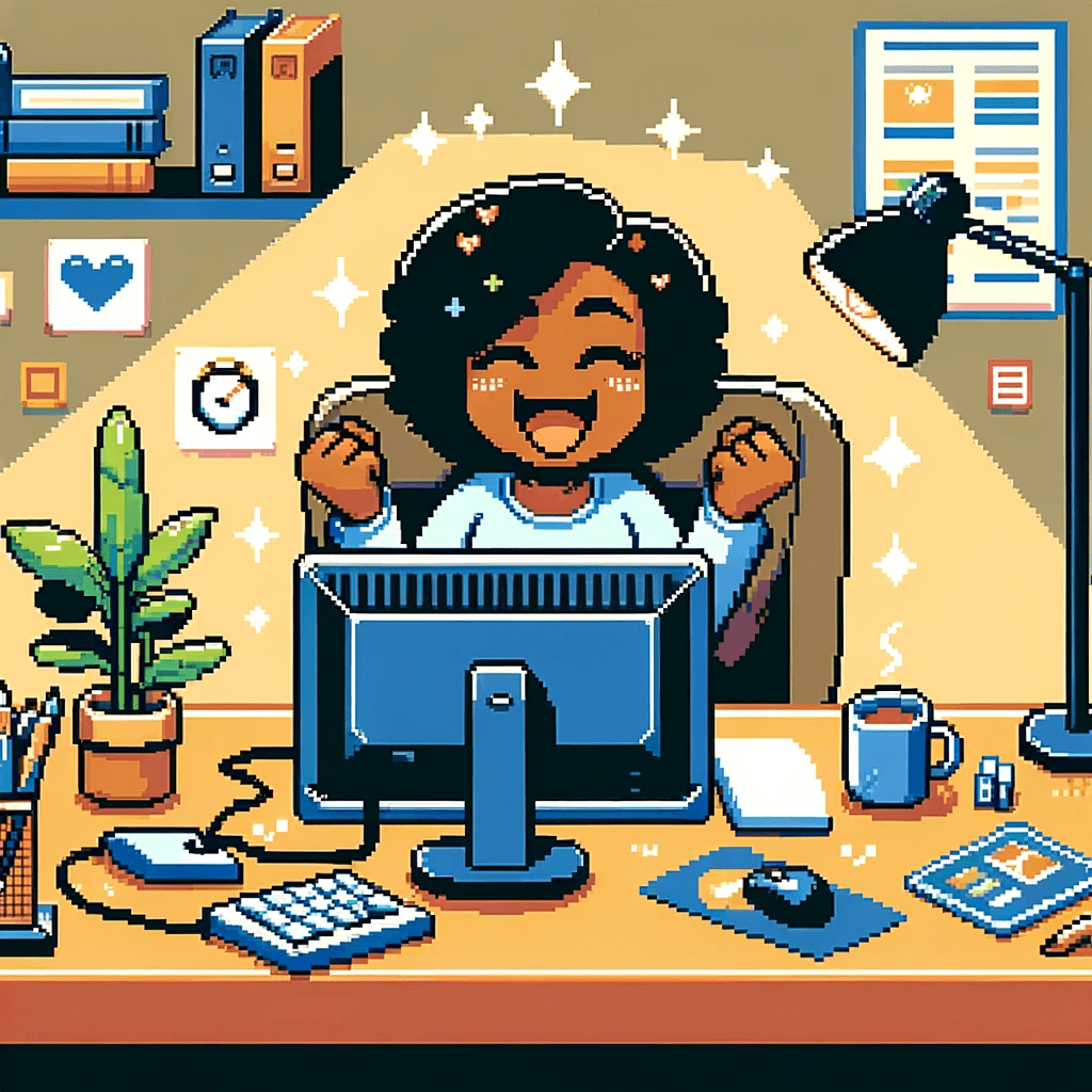 Une femme heureuse devant son ordinateur, pixel art