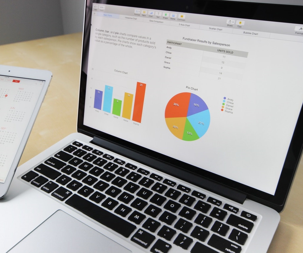 Hand holding iPad, and a laptop showing a bar graph and pie chart