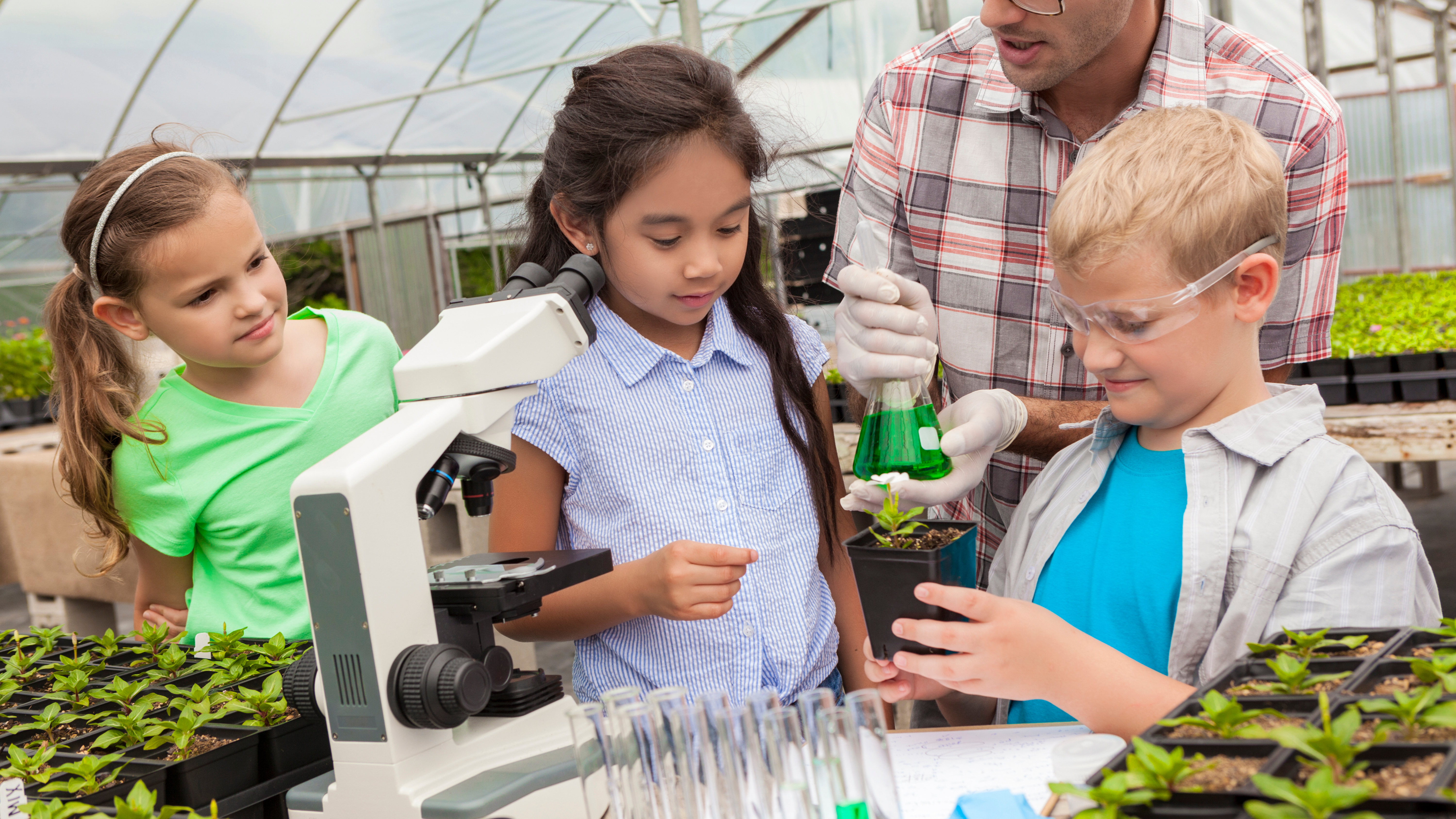 students doing experiments in a greenhouse