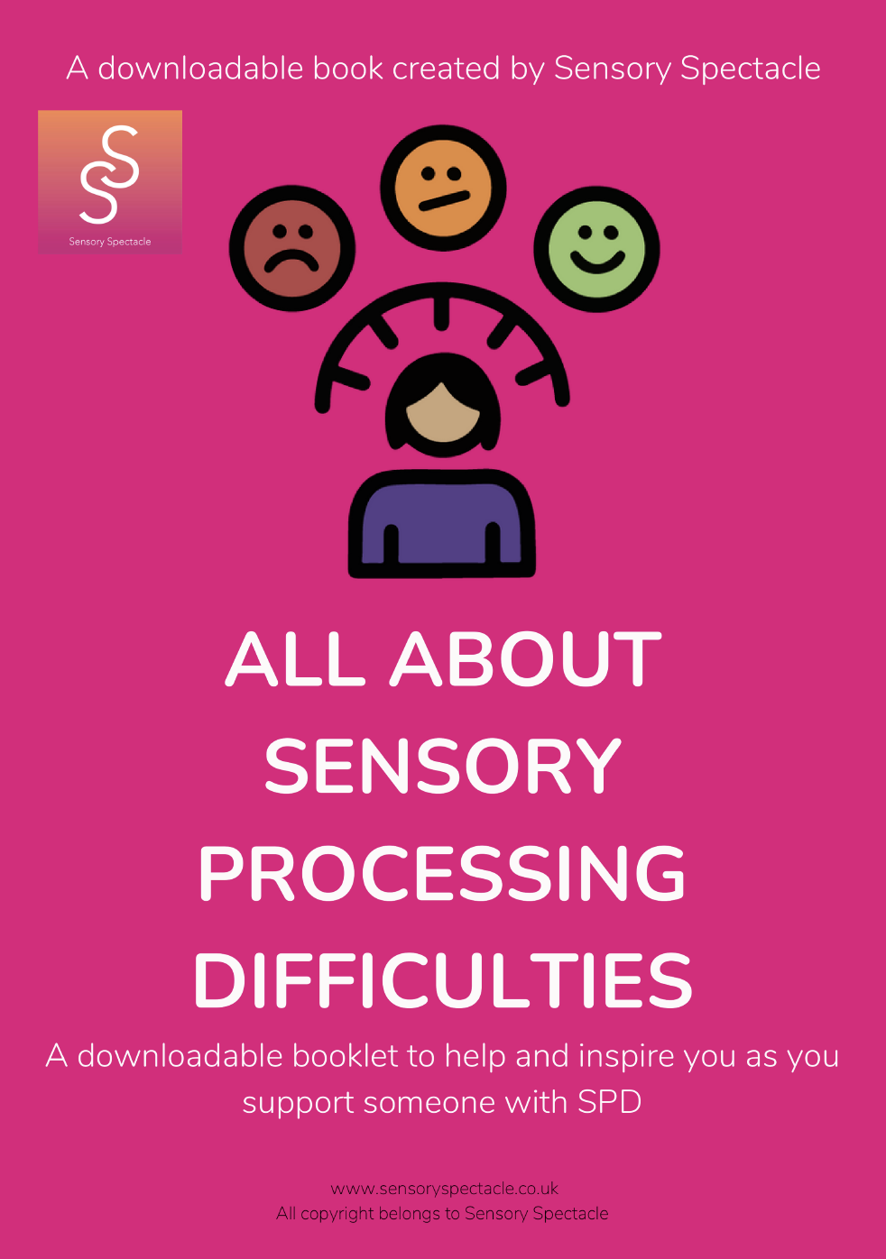 Front cover of a book created by Sensory Spectacle called All about Sensory processing difficulties. Pink background with an image of 3 faces, red sad, orange neutral expression and green happy face.