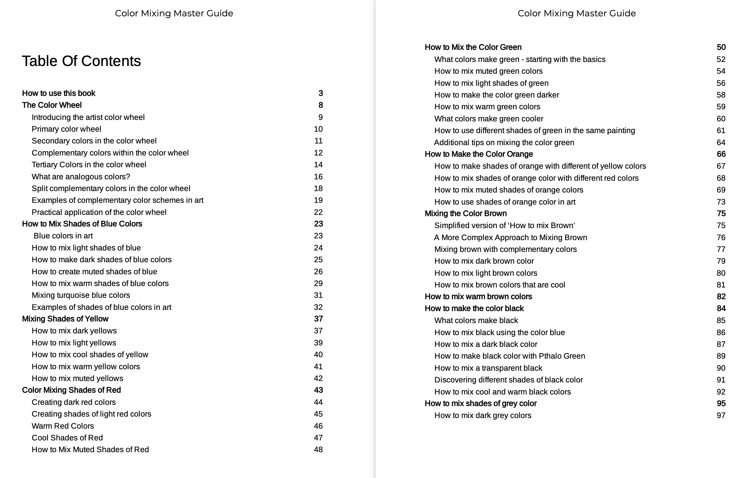 Color mixing master guide ebook table of contents