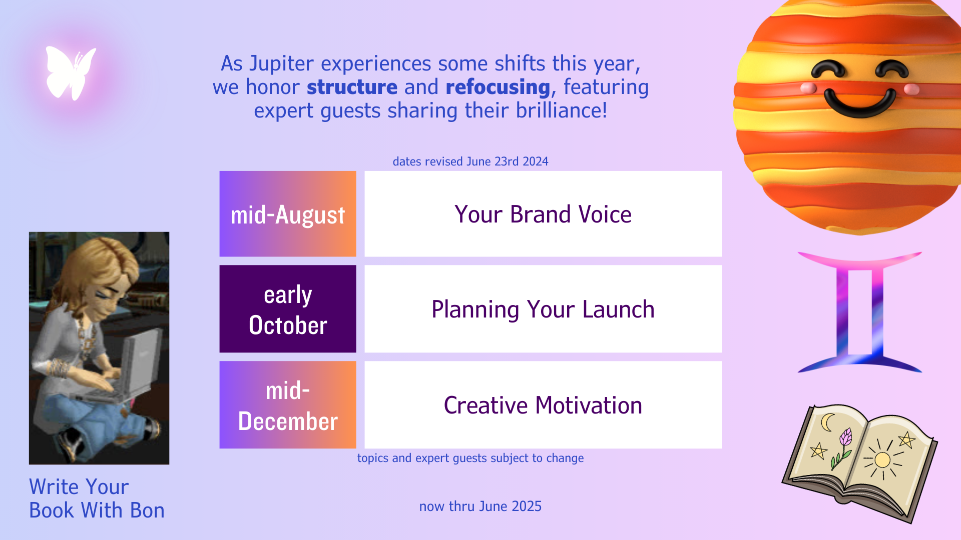 Chart Harmony cutie images of smiling Jupiter, Gemini glyph, open book, butterfly, and a list of 3 pivots