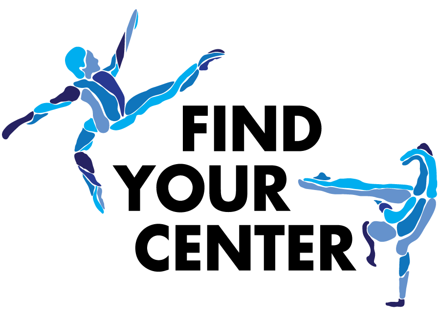 Find Your Center logo with abstract image of leaping male ballet dancer and handstand-kicking female capoeira artist in shades of blue and gray