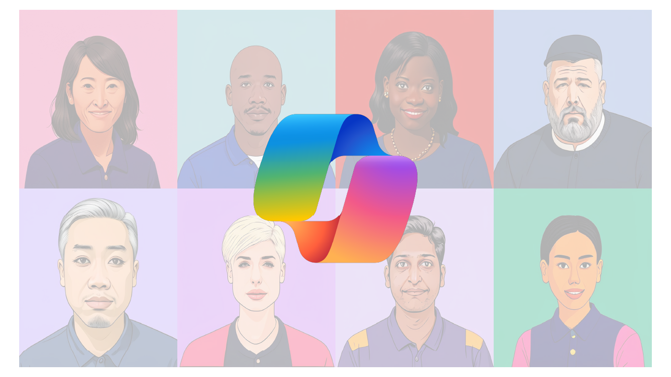 A grid of 8 professional headshots showing a diverse group of people against pastel backgrounds, with the Microsoft Copilot logo (a multicolored gradient ribbon) overlaid in the center.