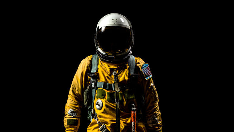 A figure standing in an orange spacesuit with a black background.