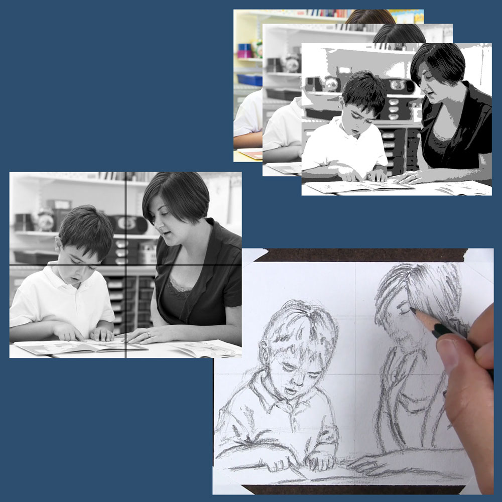 contour sketch of student and teacher with multiple reference photo variations