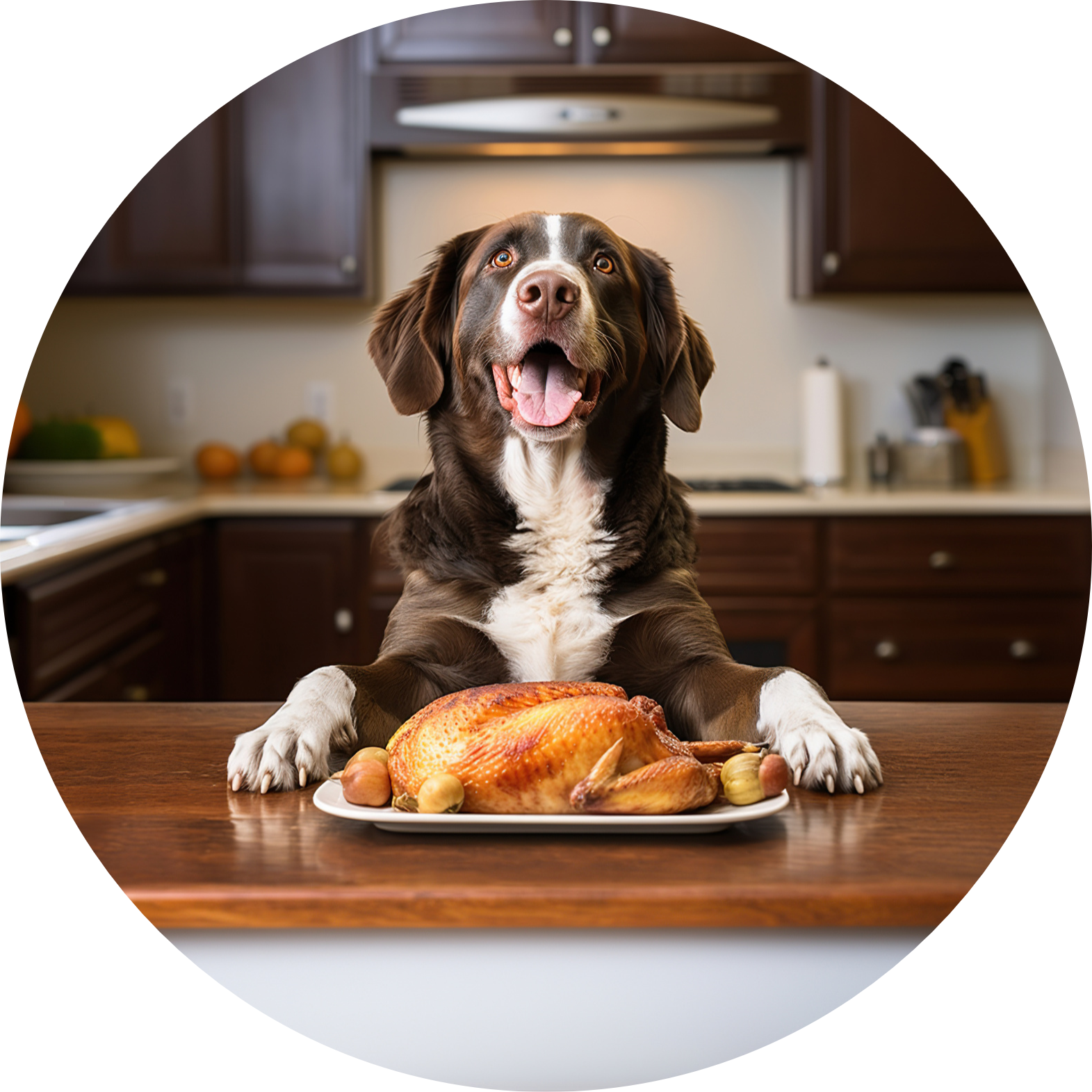Image of a dog with it's front paws up on the kitchen counter and a roast chicken on a plate alos on the counter between the dog's paws.