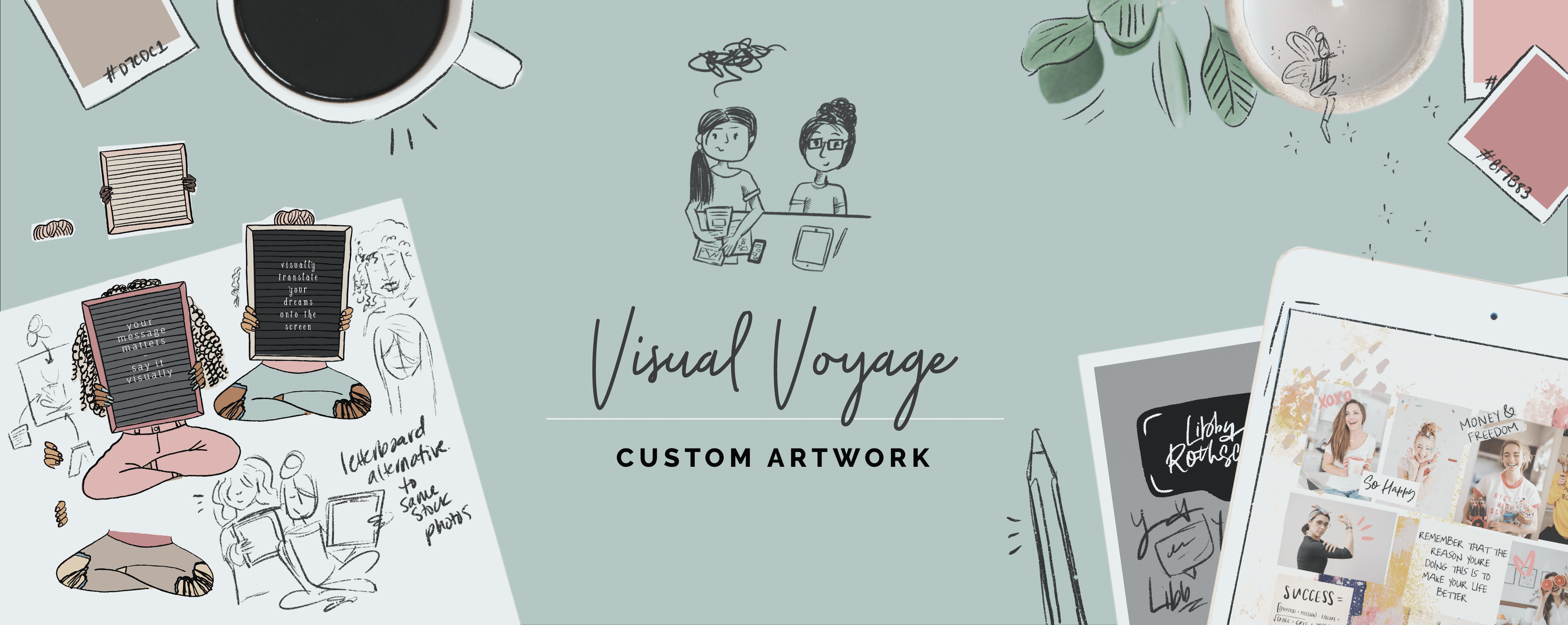 Visual Voyage Custom Artwork Artist drawing a woman&#39;s dream business with a workspace covered in color swatches, coffee mugs, moodboards, logos and stickers