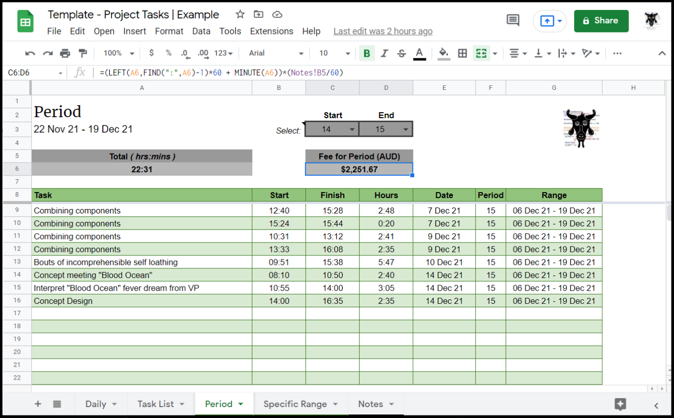 Google Sheets Project Tasks - Periods
