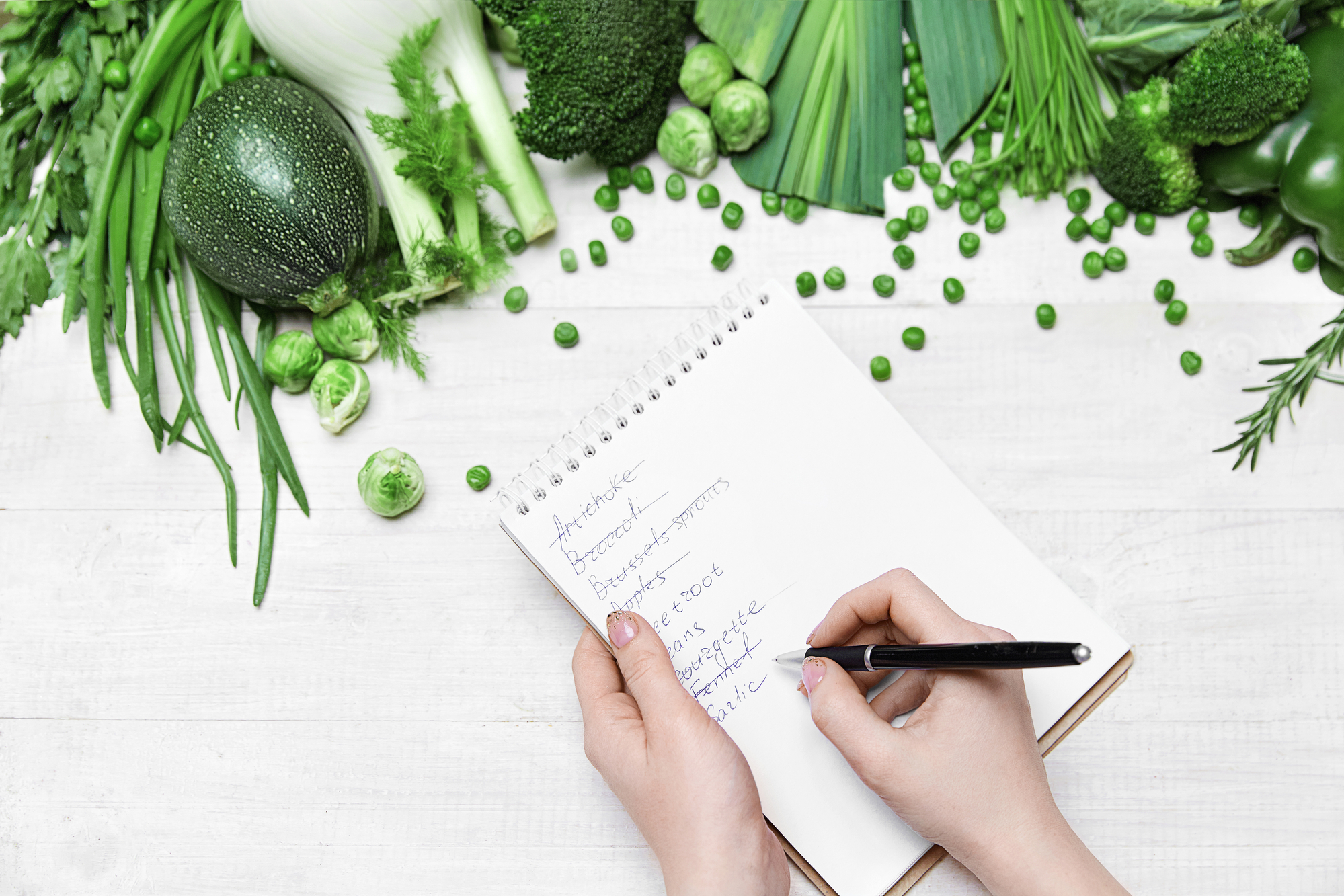 womans hands writing a shopping list against background of green vegetables