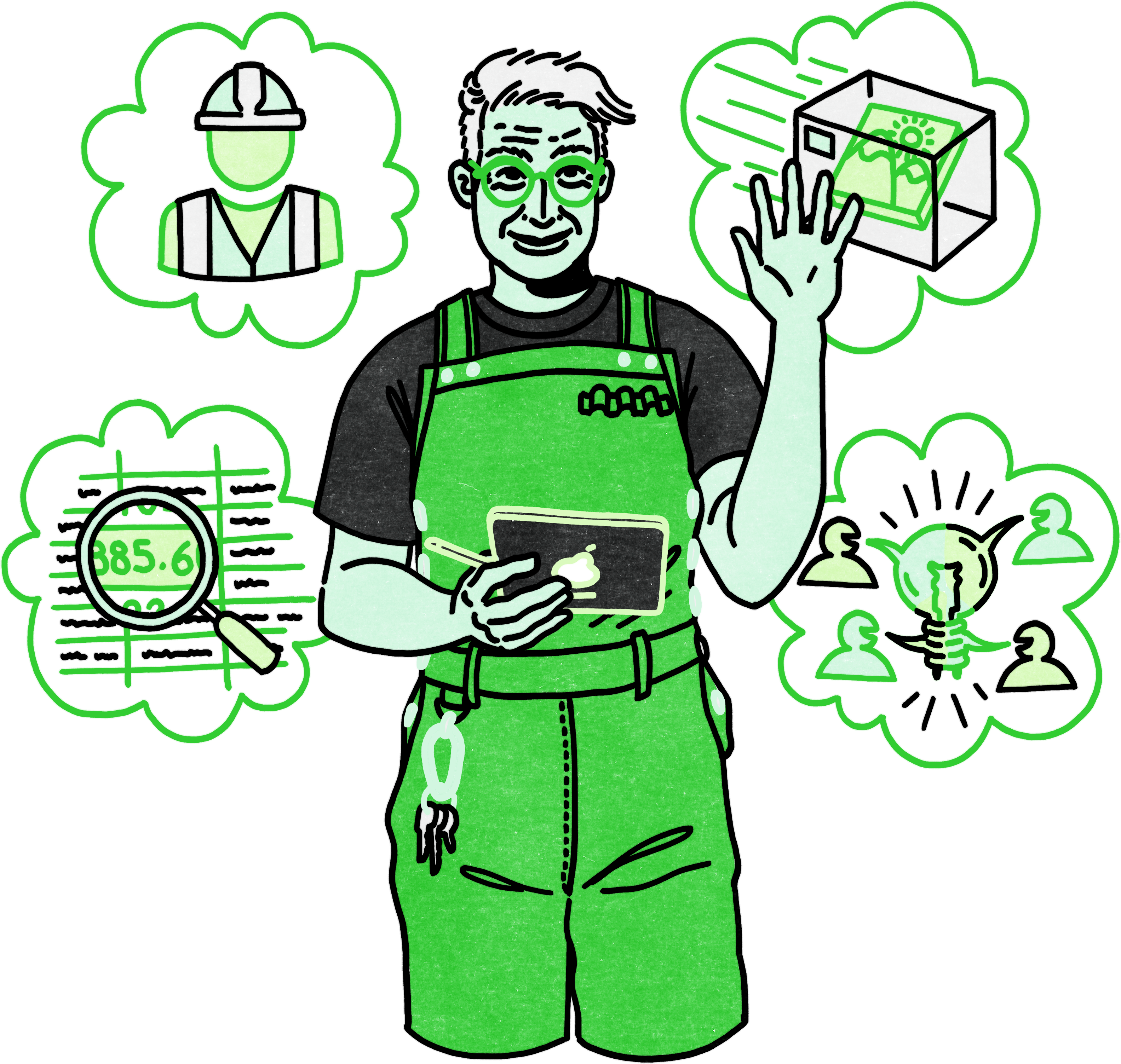 A graphic illustration in shades of green of a person in work overalls surrounded by smaller illustrations in bubbles. The smaller illustrations are a package, a spreadsheet, multiple figures and a lightbulb indicating a joint idea, and a figure in hi-vis gear. The person is smiling and waving.