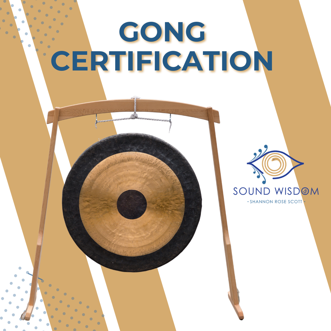 Gong Certification with Sound Wisdom and Shannon Rose Scott, featuring a large Chau Gong on a stand, symbolizing mastery and the transformative power of sound.