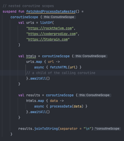 A picture of Kotlin code running coroutines