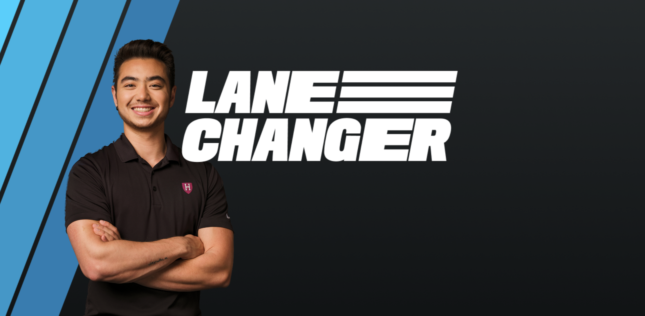 Schuyler Bailar, arms crossed and smiling, the word LaneChanger next to him